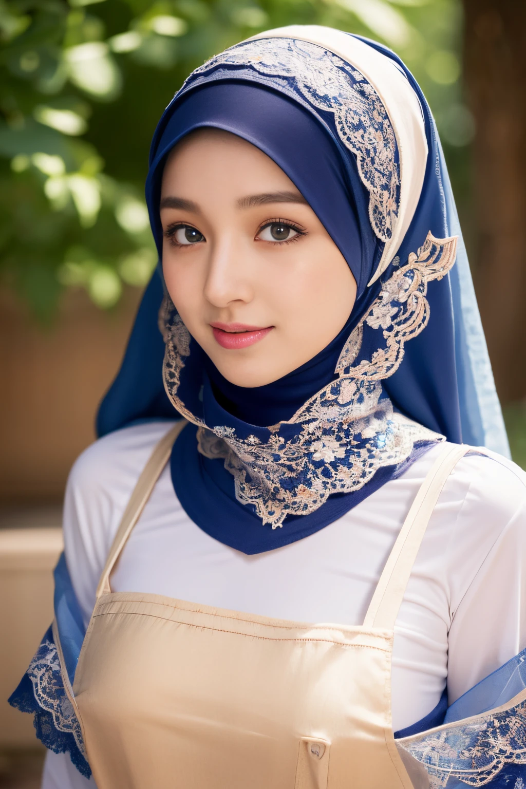 top-quality,Beautiful detailed hijabi,Bewitching face,mongol  model,long lashes,Wearing a colorful (naked_apron),Hide your mouth with a lace cloth,Detailed details,Colossal tits,sideboobs,stares at the camera