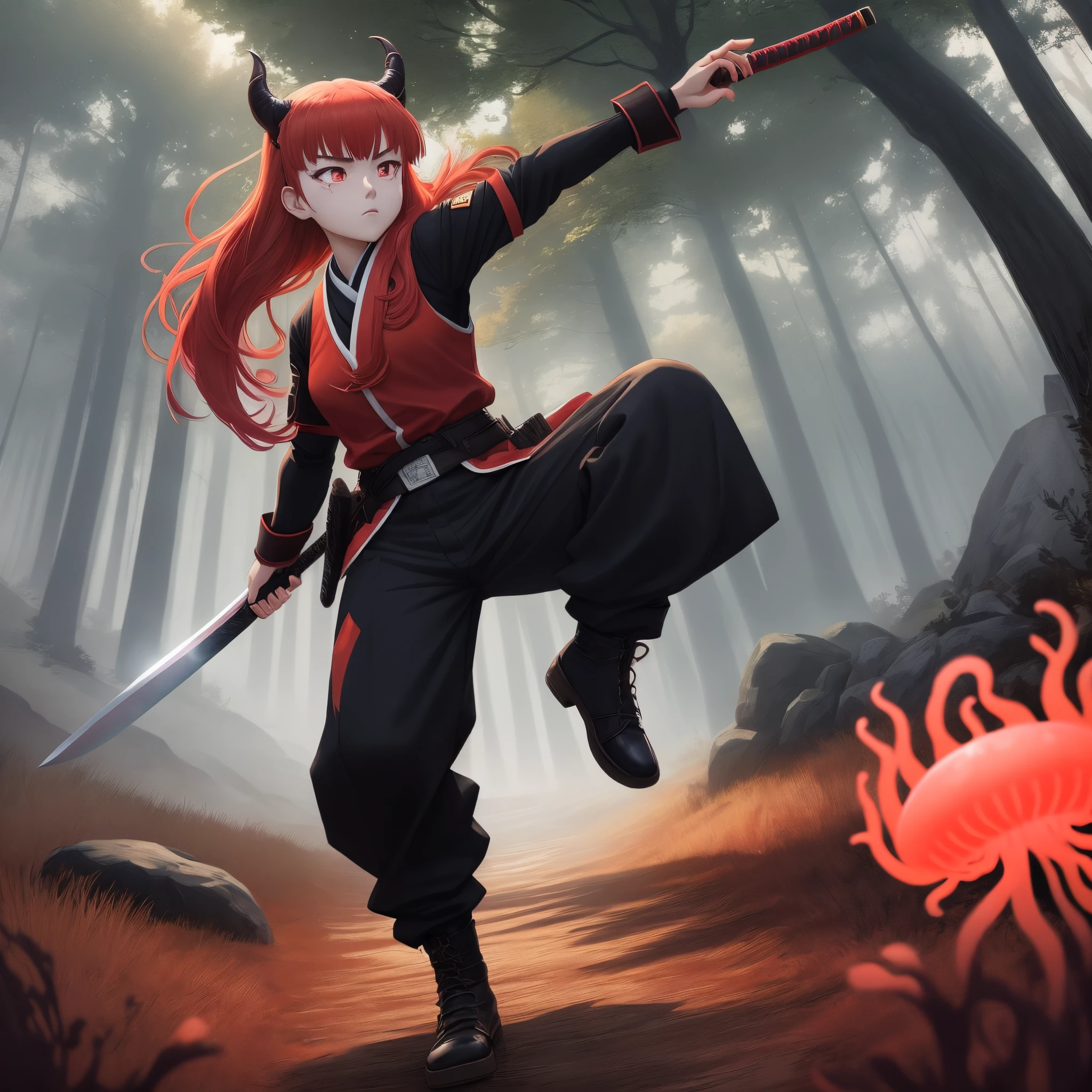 Demon slayer anime art style, demon slayer screencap, background is dark forest, Ufotable Studio, full body, fighting stance, holding orange-red katana with dragon like pattern, Tall, slightly muscular, woman, coral red hair, bangs, long jellyfish hairstyle, ruby colored eyes, scar across face, fox-like eyes, slightly long eyelashes, wearing black demon slayer uniform, and baggy pants, black haori with a red outline, serious face.