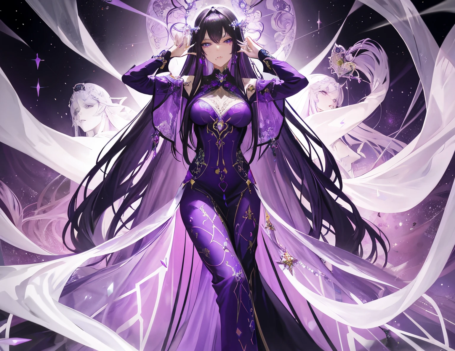 a long hair、Woman in purple dress posing in front of purple background, 8K high quality detail art, Very detailed ArtGerm, twelve zodiac knight avatar, Keda, 8k artistic german bokeh, Crystal skin, ! dream art jem, Serafina Ali Korda, Beautiful celestial mage, fantasy art style
