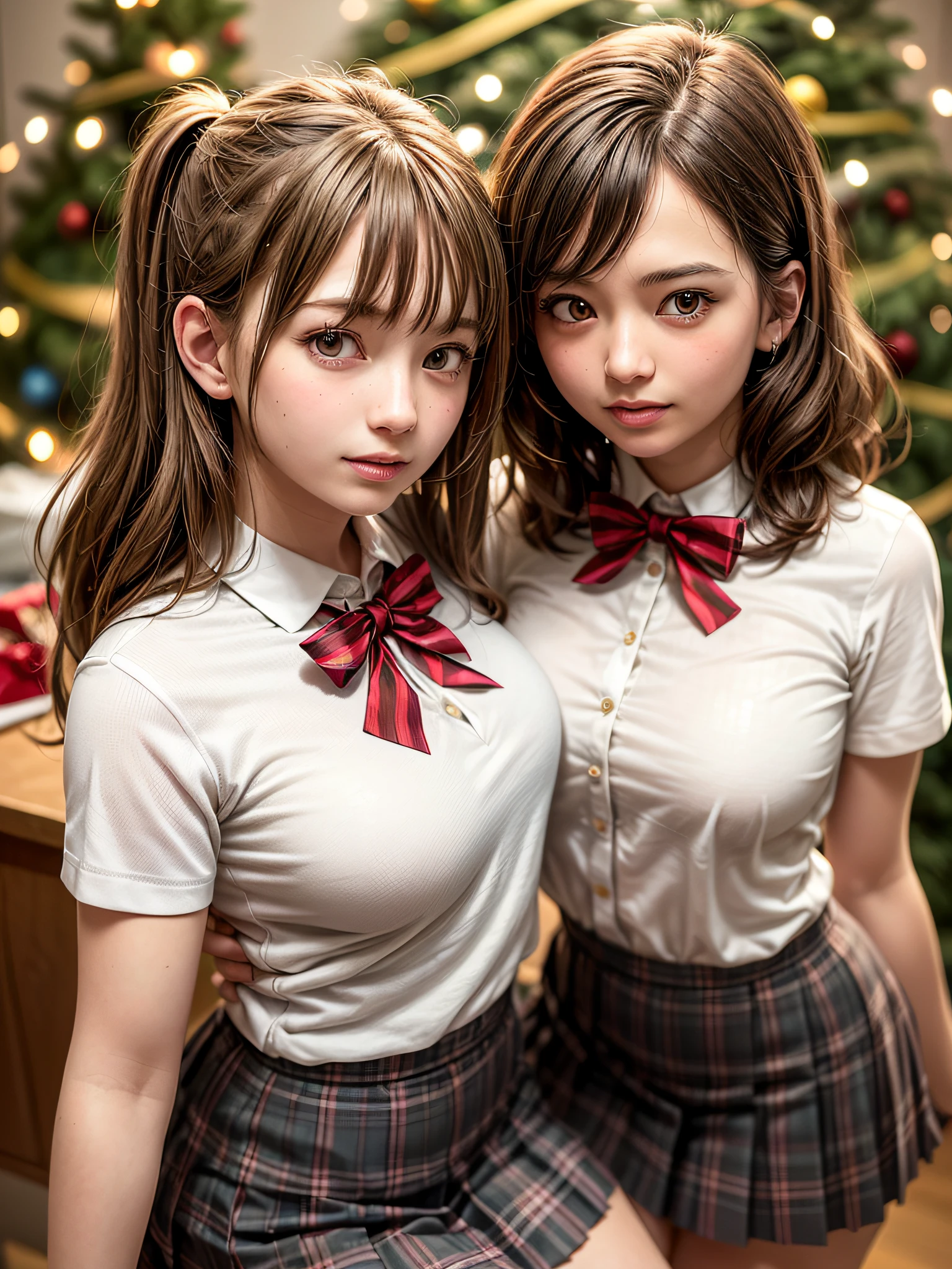 (2girls:1.4), Extremely cute, Amazing face and eyes, (Beautiful lovely smile), (extremely detailed beautiful face), bright and shiny lips, (School uniform, Pleated skirt:1.3), (Best Quality:1.4), (hyper quality), (Ultra-detailed), (Hyper-realistic, Photorealsitic:1.37), Authentic skin texture, intricate-detail, extremely detailed CG unified 8k wallpaper, RAW Photos, professional photograpy, Cinematic lighting, Exposing, Christmas tree, Christmas Ornaments, Christmas Decorations, Christmas Lights, christmas lights,