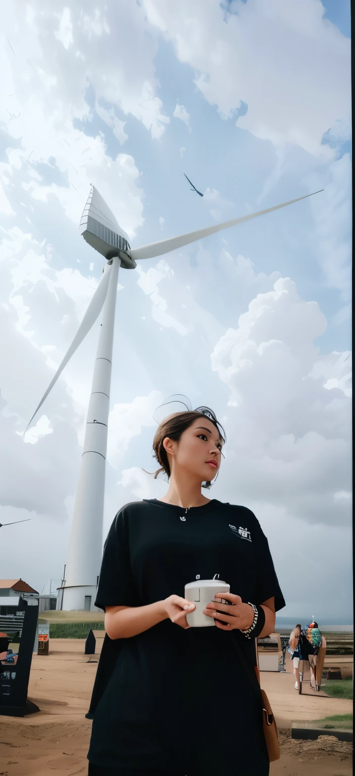 There is a woman standing in front of a wind turbine, Environmental portrait, photo of a woman wearing tech clothing, shot with Canon EOS R5, Shot with Canon eos r 5, Shot with Sony alpha 9, with earth in the background, Captured from a low-angle, Shot with Canon eos 5d mark IV, epic and classy portrait, close up portrait shot, wind kissed pictures