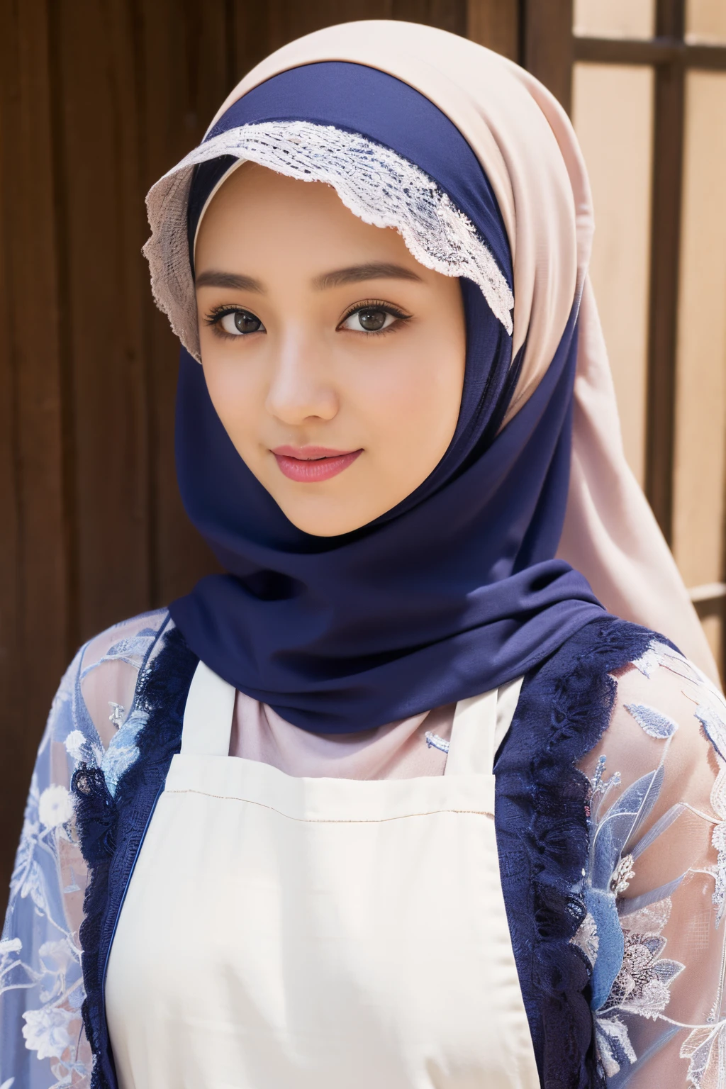 top-quality,Beautiful detailed hijabi,Bewitching face,mongol teen model,long lashes,Wearing a colorful (naked_apron),Hide your mouth with a lace cloth,Detailed details,Colossal tits,sideboobs,stares at the camera