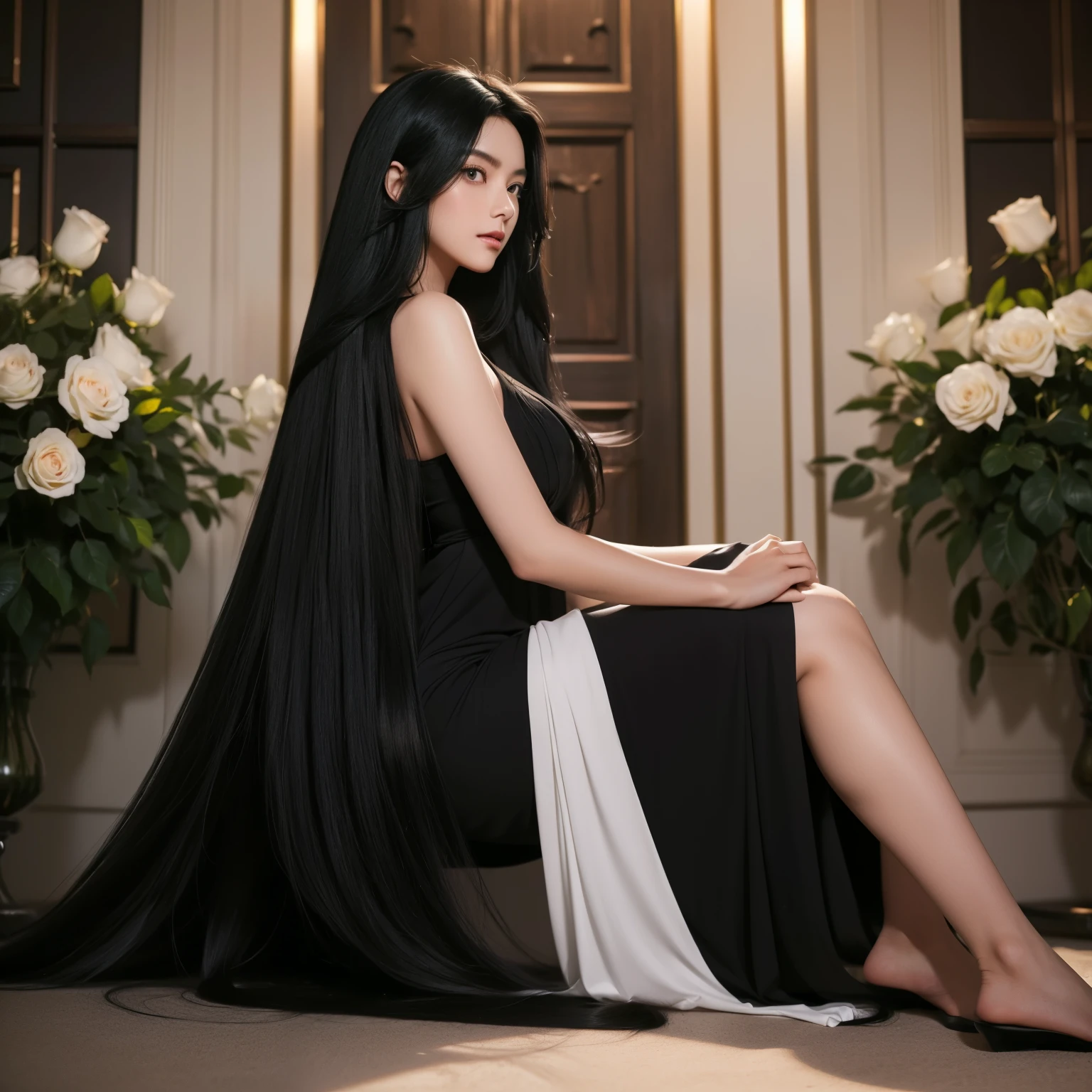 (Top image quality、top-quality、Top resolution、hyper realistic photography、Full body photo、masterpiece、)1girl in、Super beautiful beauty with amazingly long black hair、hair length about 3 meters、White underwear or naked、Hide the whole body with straight black hair、Very beautiful face、well-groomed beautiful black hair、very large amount of hair、Very long black hair that emphasizes sex appeal as a woman、slim figure、Lustrous beautiful hair、Bright lighting、profetional lighting、Winner of the World Long Hair Contest、Full body real photo、Head-to-toe photo、Photo taken from about 4 meters away、Super Real、Two hands、2 legs、5 fingers、The longest black hair in the world、Hair is heavy and tired、Hair longer than Rapunzel、very large amount of hair、I hide my whole body with very long black hair、Hair that is shampooed every day is very clean、Hair smells of roses、my sexy、I have very long black hair、My attraction is、I have very long black hair、Long black hair is a symbol of beauty、My pride is very long black hair、This long hair length and amount is admired all over the world、My very long black hair is spread out in a fan shape、Facing backwards、Sleeping face down、Silky black hair flowing from the shoulders to the floor、