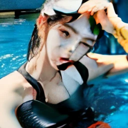 Hay una mujer con un top negro y una falda negra en una piscina, dilraba dilmurat, Cai Xukun, Wenfei Ye, Xintong Chen, Taejune Kim, pale porcelain white skin, Jinyoung Shin, Xision Wu, ulzzang, Heonhwa Choe, (12x) extremely pale white skin, Jaeyeon Nam