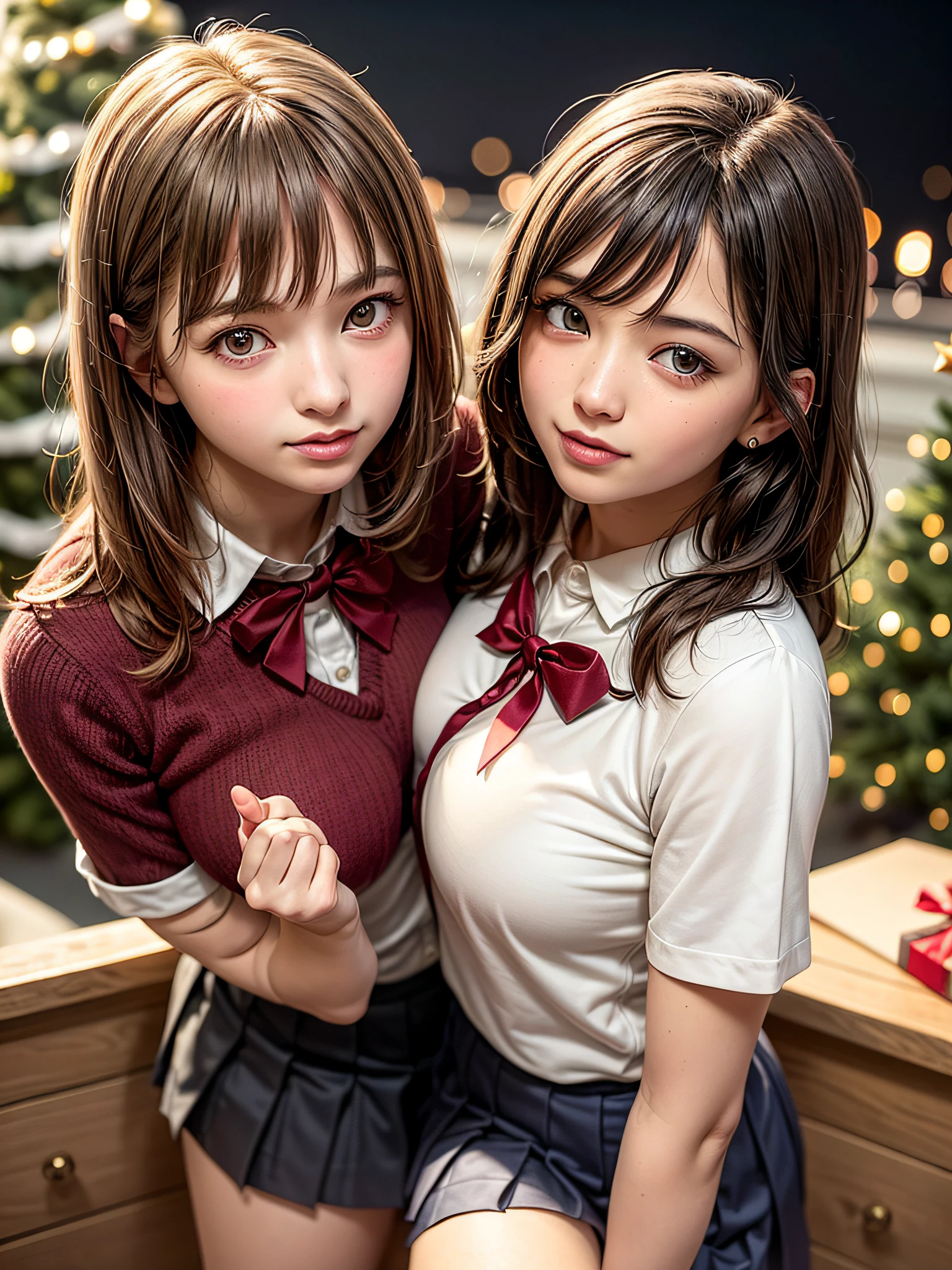 (2girls:1.4), Extremely cute, Amazing face and eyes, (Beautiful lovely smile), (extremely detailed beautiful face), bright and shiny lips, (School uniform, Pleated skirt:1.3), (Best Quality:1.4), (hyper quality), (Ultra-detailed), (Hyper-realistic, Photorealsitic:1.37), Authentic skin texture, intricate-detail, extremely detailed CG unified 8k wallpaper, RAW Photos, professional photograpy, Cinematic lighting, Exposing, Christmas tree, Christmas Ornaments, Christmas Decorations, Christmas Lights, christmas lights,