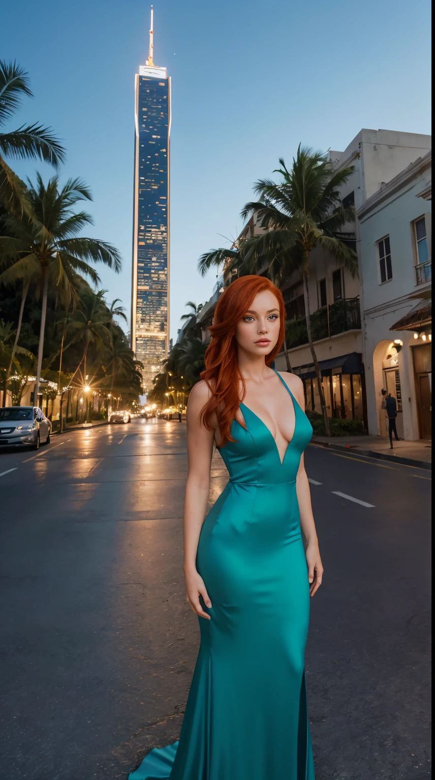 A woman in a blue dress standing on a street in front of a tall ...