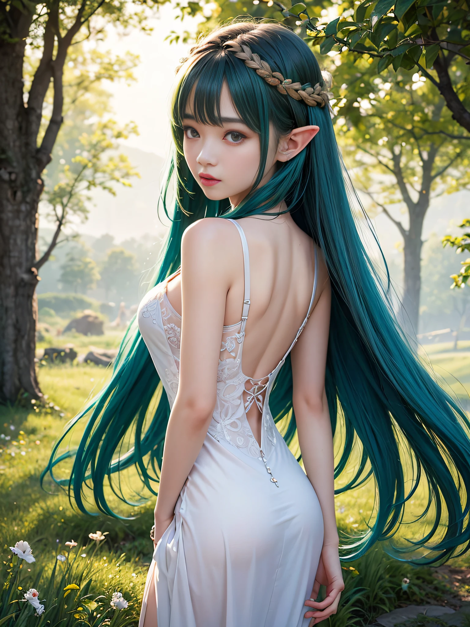 Graceful elven girl standing in meadow, Delicate face illuminated by the soft light of the setting sun. Her long, Flowing hair runs down your back, Decorated with intricate braids、Adorned with sparkling gemstones. This great photo is、、、It captures the ethereal beauty of elves. Slender figure in silk dress、Swaying in the soft steppe breeze. Attention to detail、Face that is、Face that is、Face that is、Face that is、It is evident in the intricate patterns of the dress and the subtle highlights of the luminescence. skin. The breathtaking portrayal of the elven girl is、、、、、Create an enchanting atmosphere、It invites the viewer to a magical world. emerald green hair color and eye,