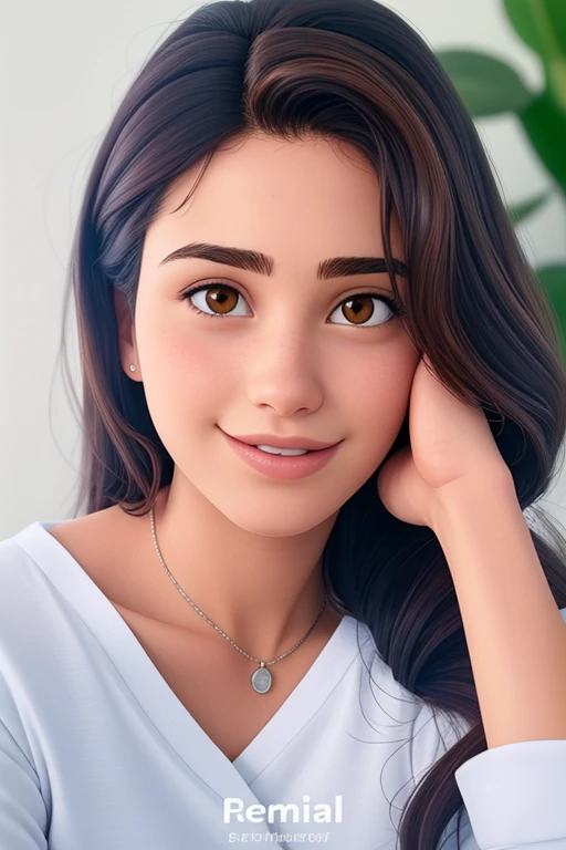 Uma mulher com cabelos castanhos claro, with a visible eye that appears to be light brown in color. Sua pele parece negra e ela exibe um sorriso leve, com uma covinha na bochecha. O rosto dela mostra uma sobrancelha bem definida e uma pele aparentemente lisa. She's wearing a gray blouse, com alguns desenhos em azul. she is a little chubby, but not too much. No estilo Disney Pixar