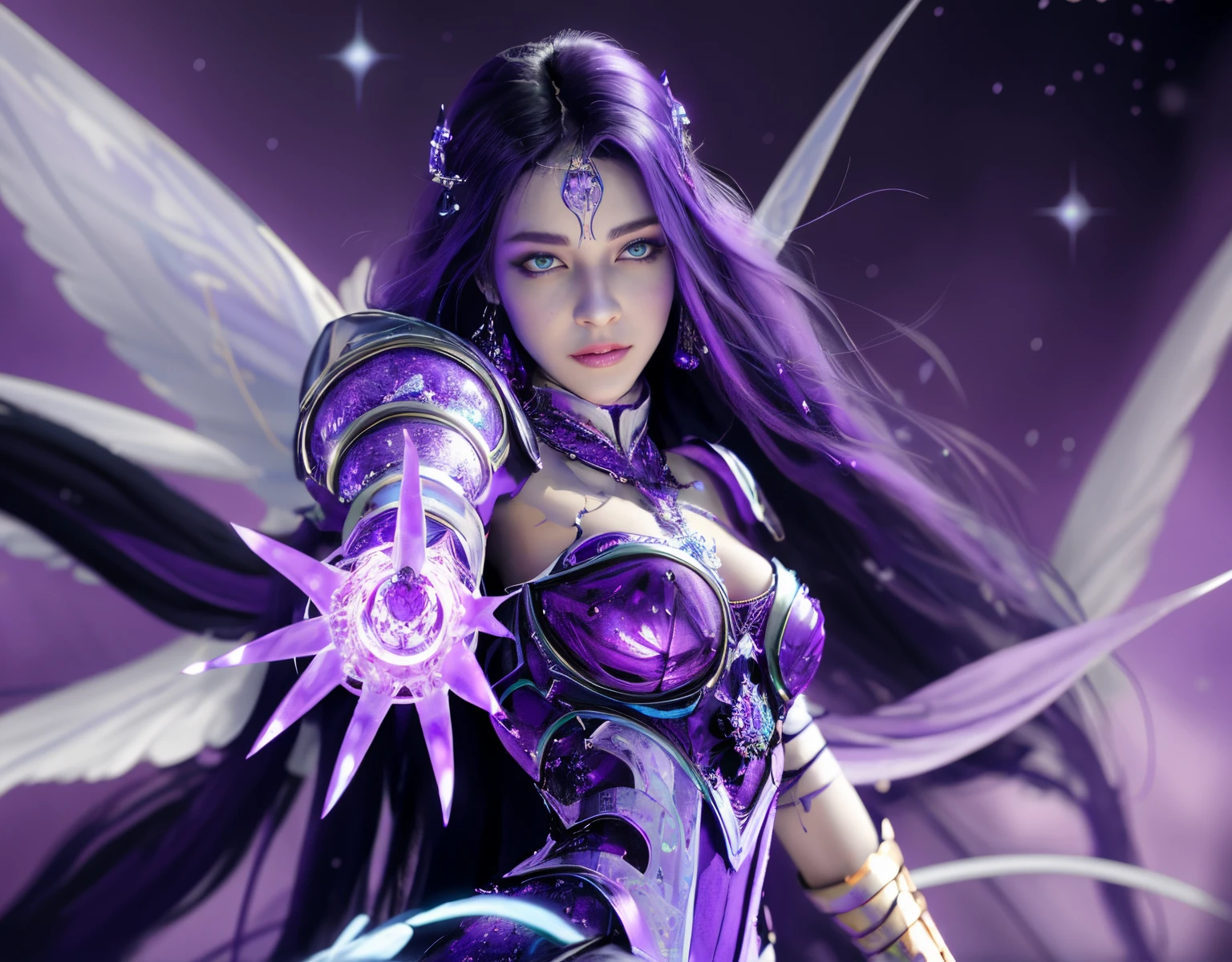 eyes changed,Nothing else has changed,One long hair、Woman in purple dress posing in front of purple background, 8K high quality detail art, Very detailed ArtGerm, twelve zodiac knight avatar, Keda, 8k artistic german bokeh, Crystal skin, ! dream art jem, Serafina Ali Korda, Beautiful celestial mage, fantasy art style