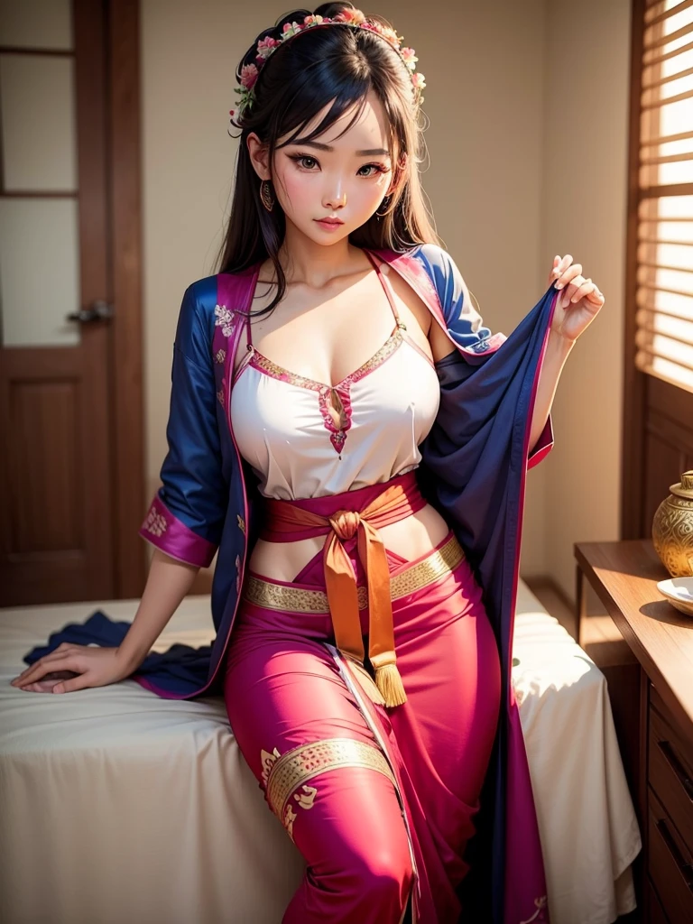 1 Realistically Beautiful Girl, Waist-length hair, Black eyes, Ancient Ao Dai, Style Humph, Wearing an ancient Chinese thin silk shirt, Pink and smooth white skin, Wearing a discreet ancient-style ao dai, You will see the shoulders and head in the photo,Cute little face, Eye bags under wet makeup, sullenness, ((Closed mouth:1.0)), embarrassed, Small face makeup is detailed and very beautiful, breasts are super round and tight, breast augmentation surgery, Blum, Cover the girl's chest with a camisole inside, blush, from the front side, Wearing earrings, From above, upward-eyed, Full body, masutepiece, of the highest quality, Best Quality, Official art, Unity 8k壁纸, hight resolution, 超A high resolution, Ultra-detailed, (Photorealistic:1.2), Solo, Only 1 Girl, Style Hanfu Dunhuang, 10x pixel, Super realistic, Ultra High Quality, Full body view of a girl, Upper body, Girl on the sofa with buttocks and legs in front, 1girl in, Ass, Solo, parrot, Underwear, Panties, clothes pull, Long hair, thong, Shirt, Indoors, White panties
