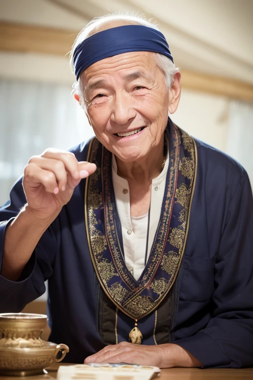 A smiling elderly male fortune teller is making a wish