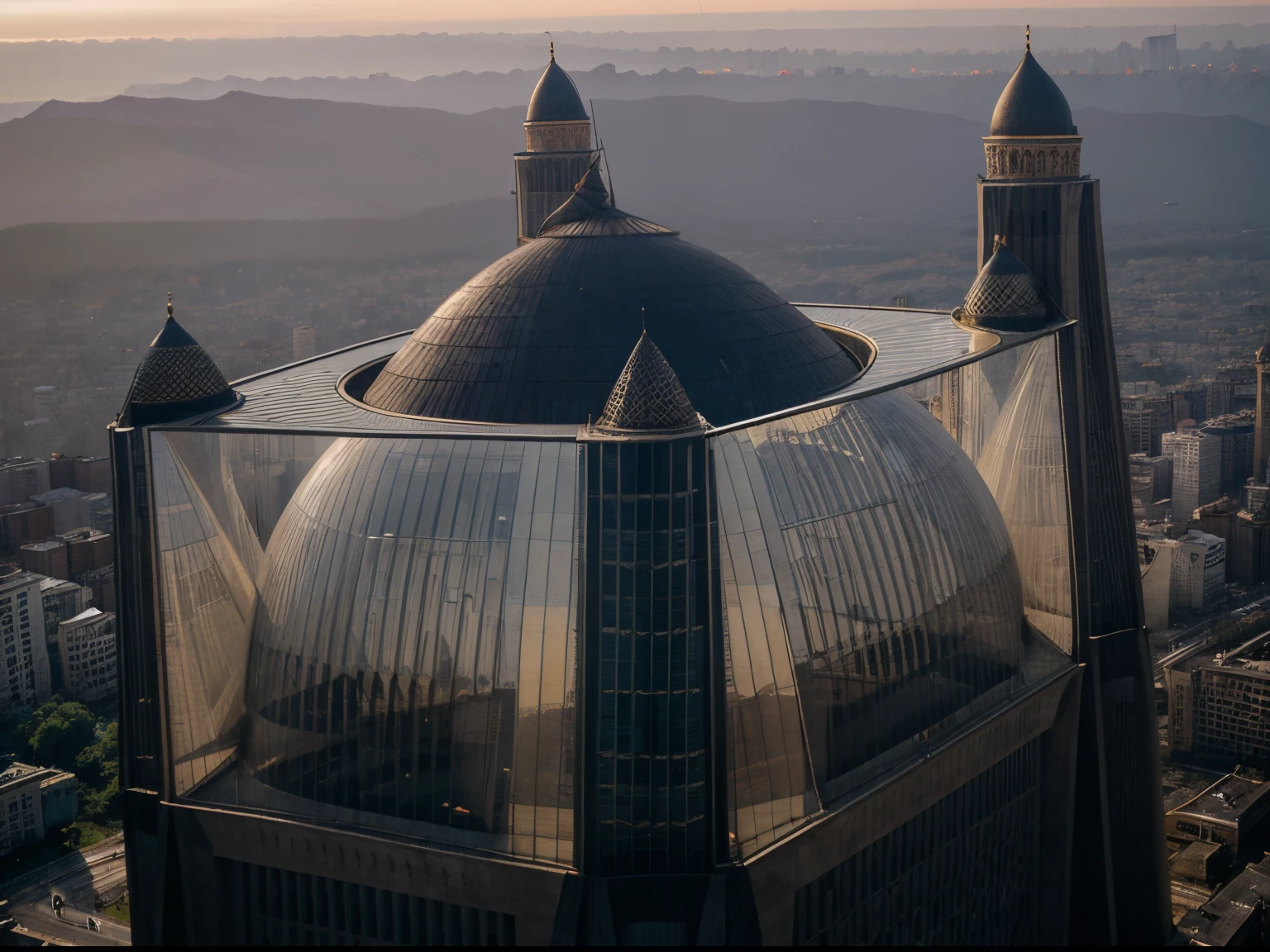 Mega structure, cone shape middle dome, 3 small cone shape domes, 2 big towers, magnificent architecture, big gate, centre of the city, mosque, realistic, 32k.