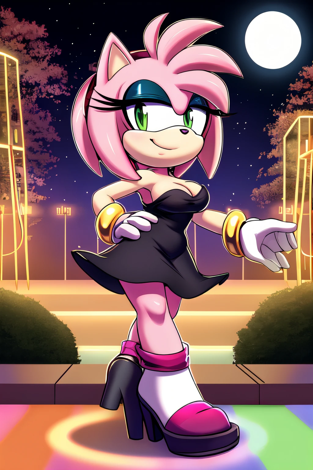 full body, Amy Rose, seductive, medium breast, bare shoulder, strapless, little black dress, skin-tight dress, black high heels, full moon, at night, park background, smile, hand on hip, dance floor, disco lighting, face to face, high quality, 2D Illustration.