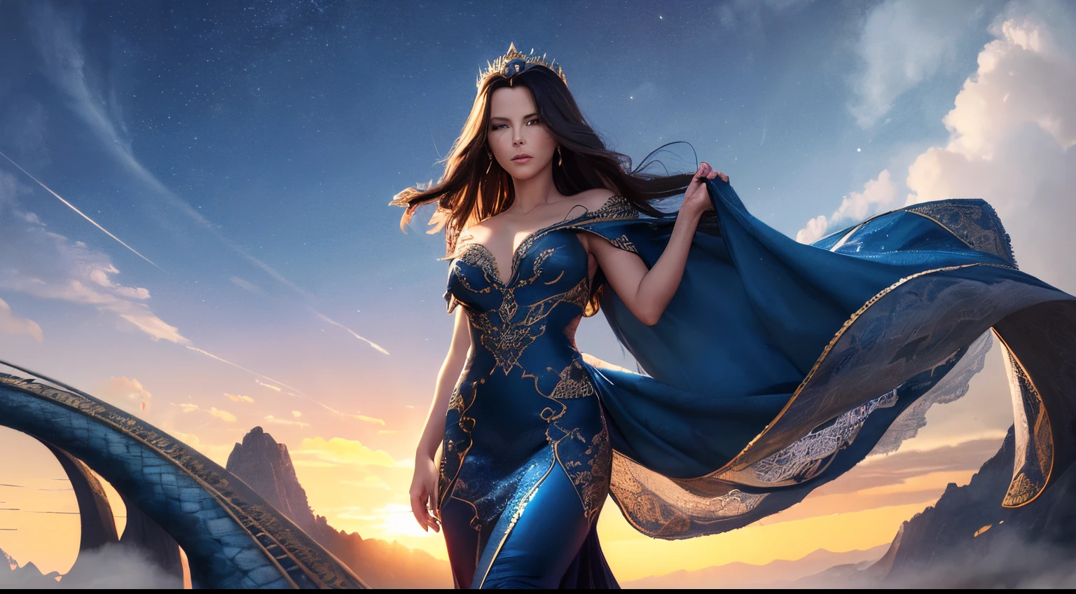 ((melhor qualidade)), ((obra-prima)), (detalhado), Empress Dragon "Kate Beckinsale", olhos realistas, cabelo preto, olhos azuis, seios pequenos, vestido de setin koreano sensual, paisagem maligna, ethereal beauty, (Fantasy Illustration:1.3), olhar encantador, pose cativante, garota solo, charme sobrenatural, mystical sky, noite enluarada, cores suaves, (paisagem nublada detalhada:1.3), (alta resolução:1.2) (Blue dragon flying in the sky) vestido, sobre uma colina, An army passing far into a canyon below.