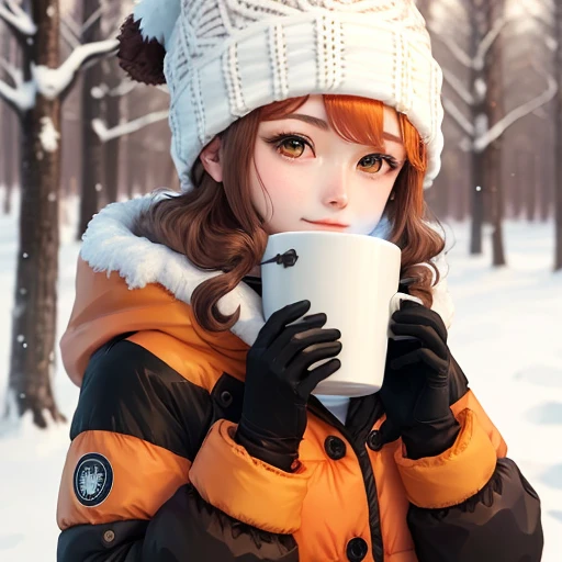Anime Girl. Orangene Haare. Winter. Schneeflocken. Braune Augen. Gloves and winter hat. Kalt. Winter