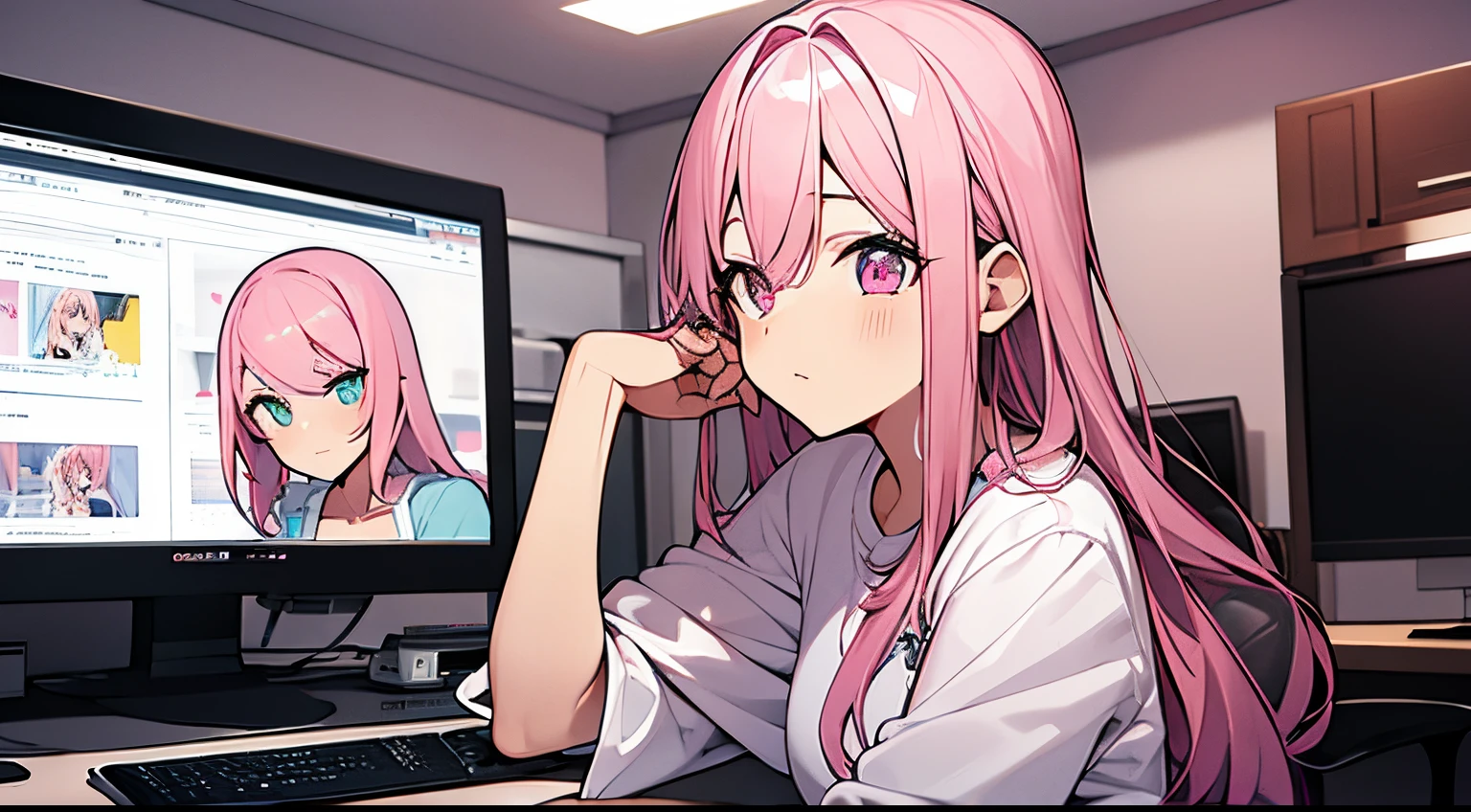 masterpiece, best quality, extremely detailed, ultra detailed, flat anime, 2D, List of girl pictures on the computer's monitors, ((background only)),