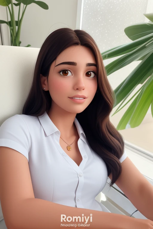 Uma mulher com cabelos castanhos claro, with a visible eye that appears to be light brown in color. Sua pele negra e ela exibe um sorriso leve, com uma covinha na bochecha. O rosto dela mostra uma sobrancelha bem definida e uma pele aparentemente lisa. She's wearing a gray blouse, com alguns desenhos em azul. she is a little chubby, but not too much. No estilo Disney Pixar