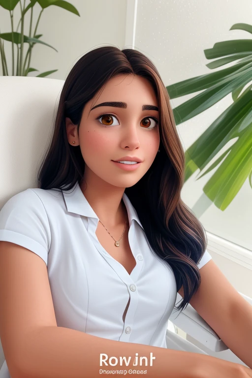 Uma mulher com cabelos castanhos claro, with a visible eye that appears to be light brown in color. Sua pele negra e ela exibe um sorriso leve, com uma covinha na bochecha. O rosto dela mostra uma sobrancelha bem definida e uma pele aparentemente lisa. She's wearing a gray blouse, com alguns desenhos em azul. she is a little chubby, but not too much. No estilo Disney Pixar