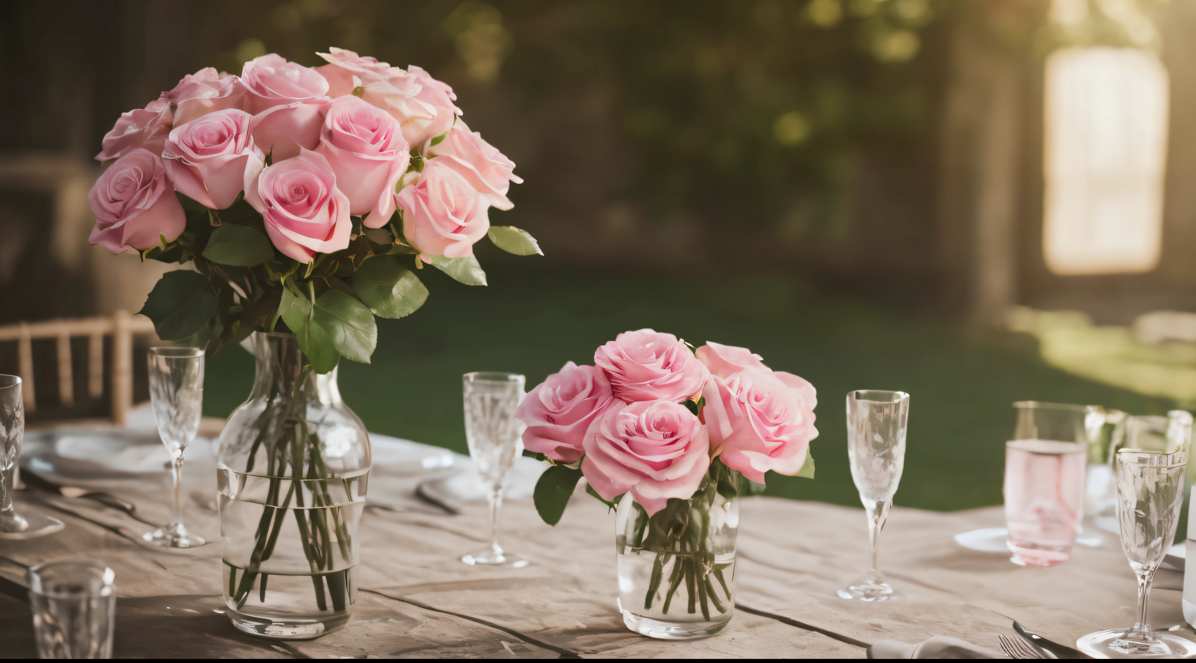 pink rose, vase, wedding table, rustic, close up, outdoors, sun rays, perfect, cinematic