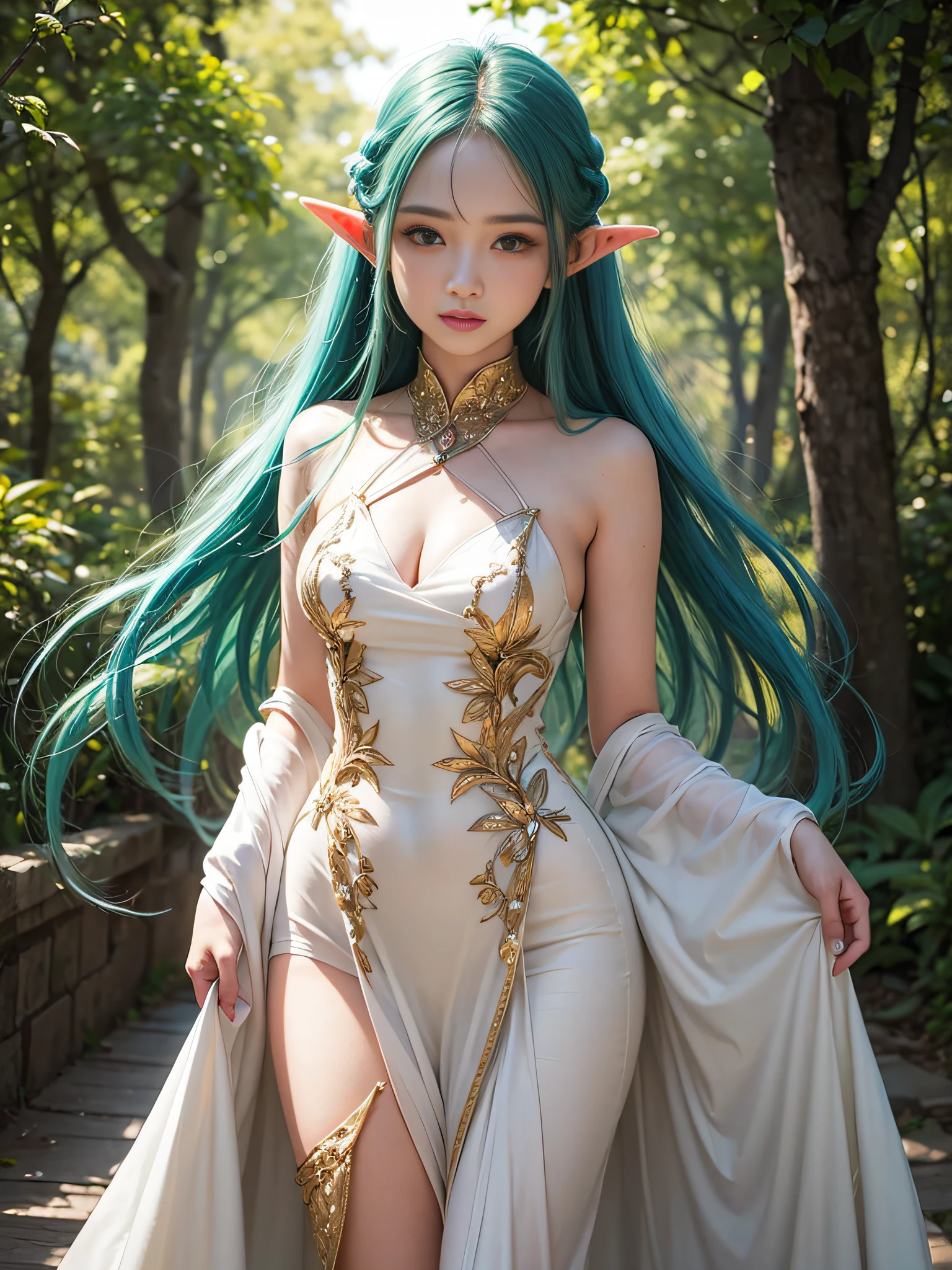 Graceful elven girl standing in meadow, Delicate face illuminated by the soft light of the setting sun. Her long, Flowing hair runs down your back, Decorated with intricate braids、Adorned with sparkling gemstones. This great photo is、、、It captures the ethereal beauty of elves. Slender figure in silk dress、Swaying in the soft steppe breeze. Attention to detail、Face that is、Face that is、Face that is、Face that is、It is evident in the intricate patterns of the dress and the subtle highlights of the luminescence. skin. The breathtaking portrayal of the elven girl is、、、、、Create an enchanting atmosphere、It invites the viewer to a magical world. emerald green hair color and eye,