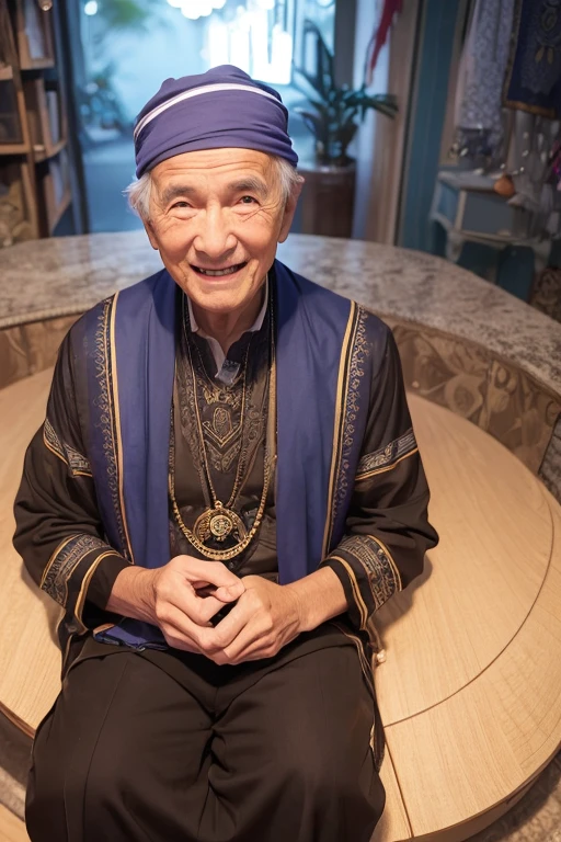 A smiling elderly male fortune teller is facing forward