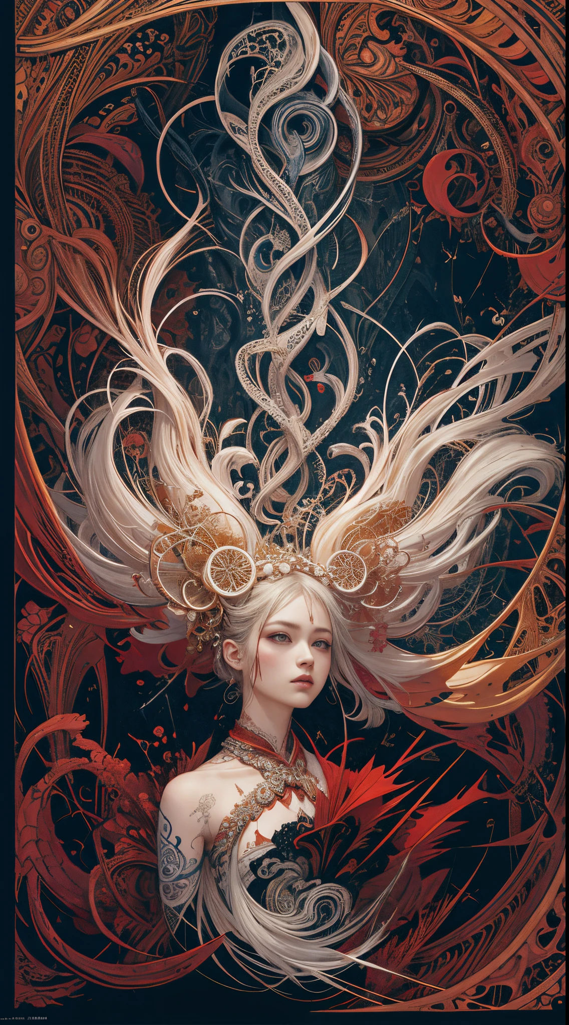 official art, unity 8k wallpaper, ultra detailed, beautiful and aesthetic, masterpiece, best quality, (zentangle, mandala, tangle, entangle), (fractal art:1.3) , 1girl, extremely detailed, dynamic angle, cowboyshot, the most beautiful form of chaos, elegant, a brutalist designed, vivid colours, romanticism, by james jean, roby dwi antono, ross tran, francis bacon, michal mraz, adrian ghenie, petra cortright, gerhard richter, takato yamamoto, ashley wood, atmospheric, ecstasy of musical notes, streaming musical notes visible