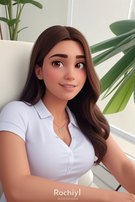 Uma mulher com cabelos castanhos claro, with a visible eye that appears to be light brown in color. Sua pele negra e ela exibe um sorriso leve, com uma covinha na bochecha. O rosto dela mostra uma sobrancelha bem definida e uma pele aparentemente lisa. She's wearing a gray blouse, com alguns desenhos em azul. she is a little chubby, but not too much. No estilo Disney Pixar