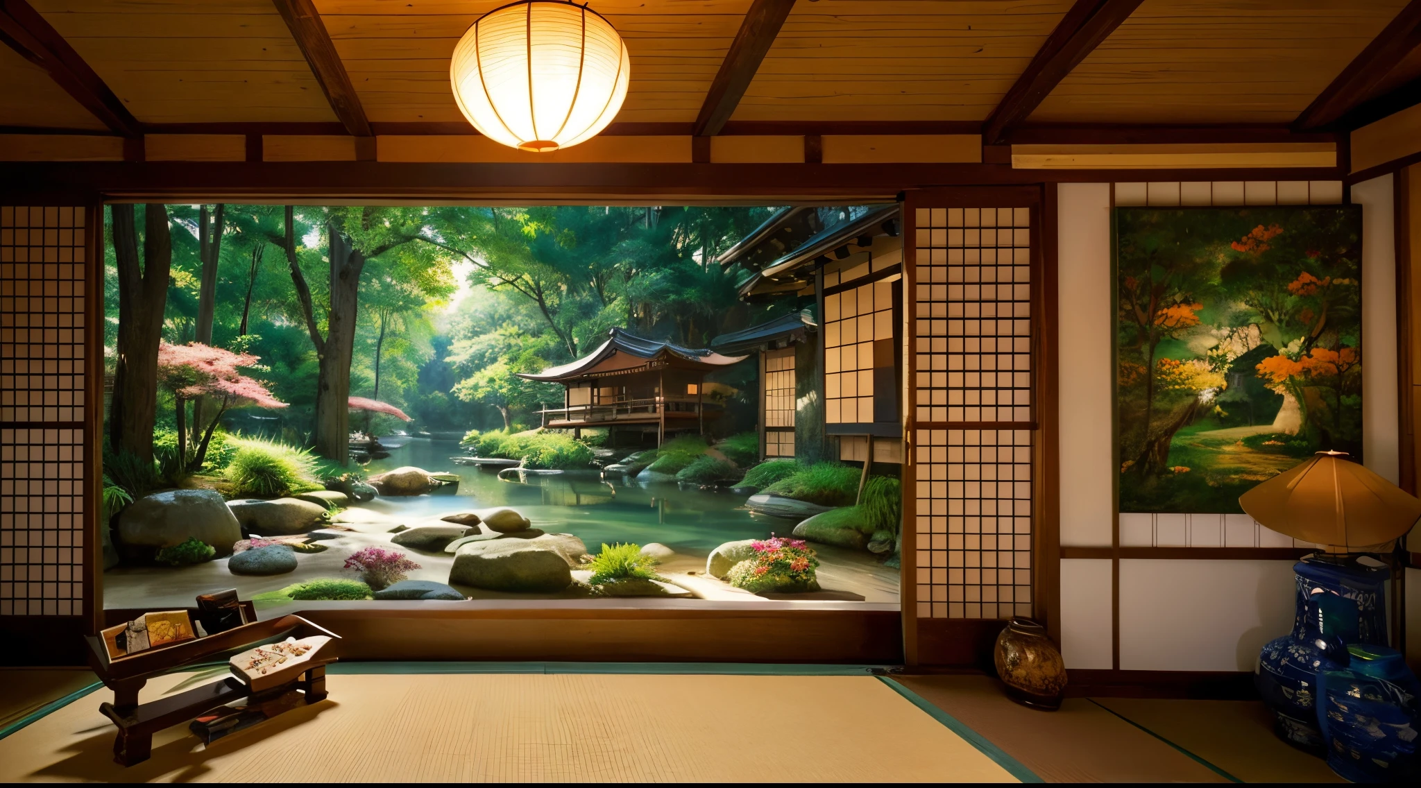 In the Japanese-style art room、There is an atelier of an unknown artist.。This room is、Designed in the style of traditional Japanese architecture with elements of Japanese temples。The walls are adorned with numerous detailed vibrant artworks.、shows the artist's talent and creativity。those paintings are、quiet scenery、florals々Blooming、Depicts the essence of nature by capturing wild animals in exquisite detail.。Inspired by the works of Japan's leading painter, Tanyu Kano.、The artwork in this room displays a harmonious blend of traditional Japanese art and contemporary techniques.。This room is filled with soft natural light.、illuminate a painting、Creates a tranquil atmosphere。The colors used are rich and vibrant.、arouse a sense of awe in the viewer。The lighting highlights the depth and texture of the painting.、The three-dimensional texture brings the picture to life.。In this studio、pen、pallet、easel etc.、Displayed with various art supplies。These tools、suggests the artist's dedicated and meticulous approach。This space is orderly、full of creative energy、Provides an environment suitable for artistic inspiration and expression。When you step into the room、The smell of freshly painted canvas and the faint scent of incense fills the air.。The atmosphere is calm and、A sense of tranquility pervades the entire space.。The furniture is minimal yet meticulously designed.、Reflecting traditional Japanese beauty of balance and harmony。In the paintings hanging on the wall、From a large-scale masterpiece、There are a variety of items, including small pieces with delicate details.。Each stroke is carefully created.、Shows the artist's skill and expertise。These works of art evoke emotions、stir the viewer's imagination、Inviting you into a world of beauty and contemplation。in this room、Artists are known for their dedication to their work.々appearing in。