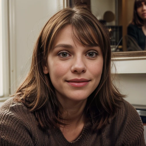Middle-aged Claire danes (light brown hair with bangs), (bulbous nose) (large mouth), (wide smile), (Closed lips), (Claire Danes), (red socks), sexy, (full lips), (Big eyes) (crows feet) (Claire Danes) (50 year old)