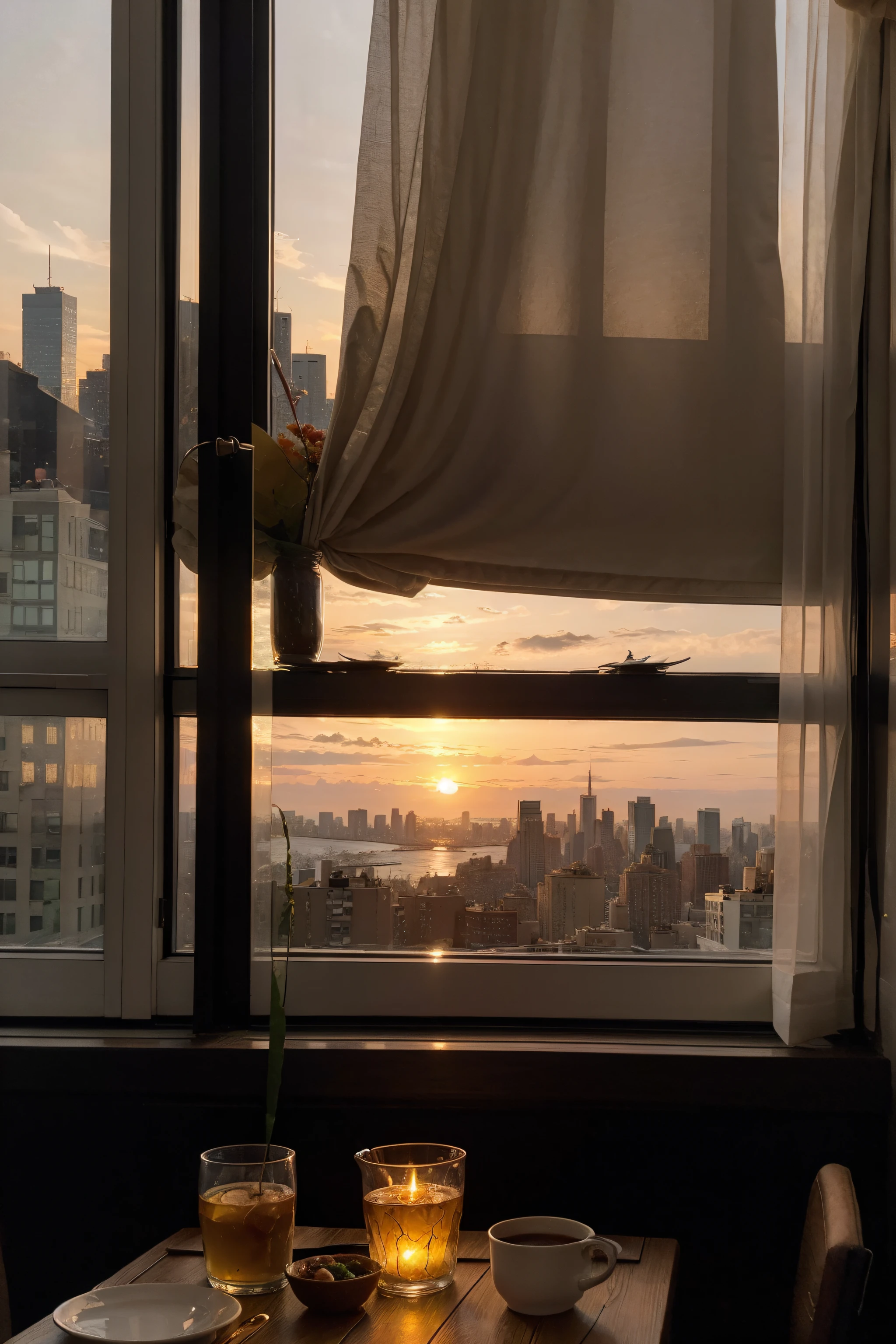 Create the essence of a delicious dinner as the sun sets in New York. Gere uma imagem com tons quentes, capturando o ambiente aconchegante. Present a dish that complements the romantic glow, ensuring no human presence in the frame. #NYCSunsetSupper #Paleta de cores HomeChefRomance: Hora de Ouro