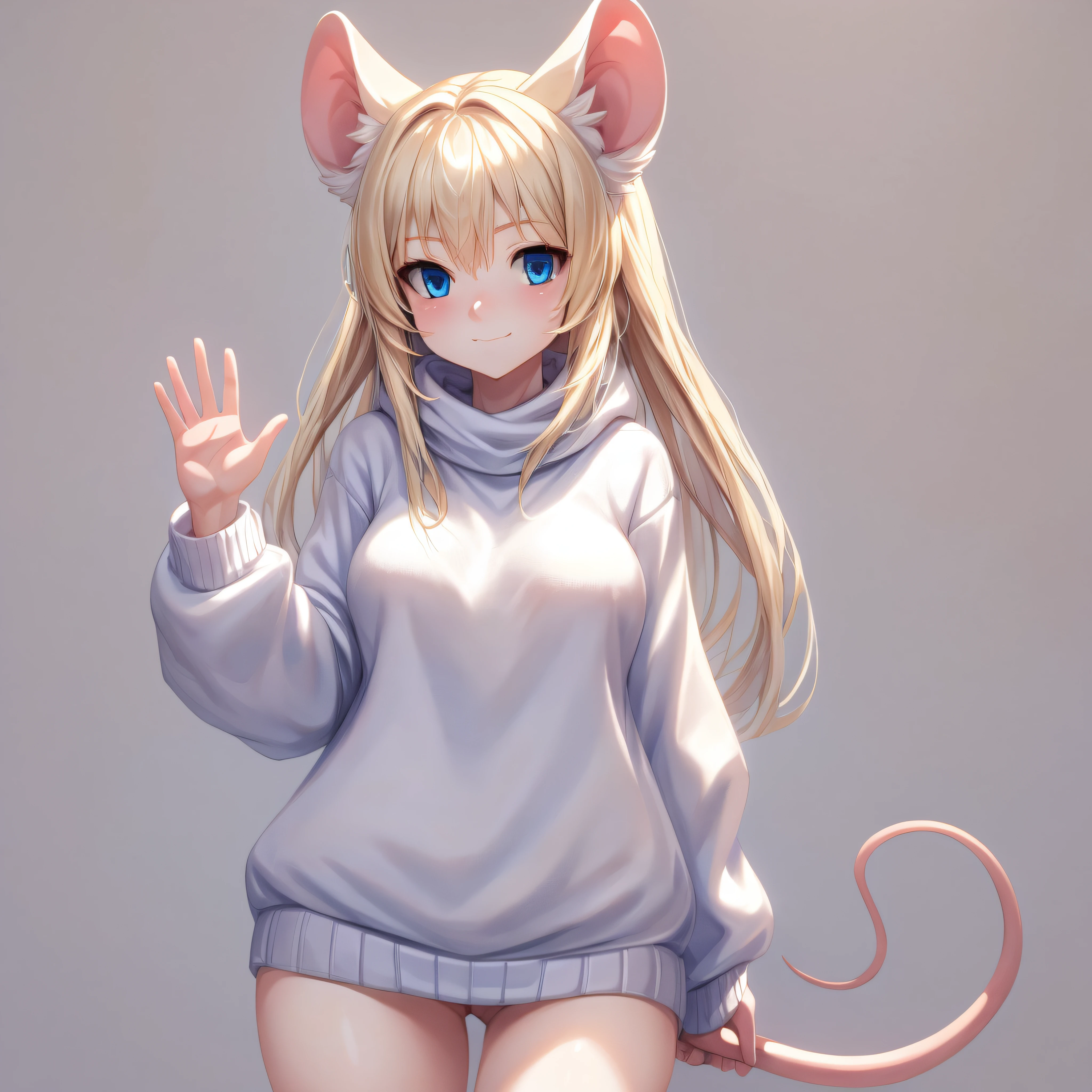 (Masterpiece) (High Detail) (High Res) A short petite blonde humanoid girl with pale skin and long blonde hair and blue eyes and fluffy mouse ears and a thin mouse tail and average breasts is stood alone and is waving with one hand wearing a white oversized sweater in front of a blank background.