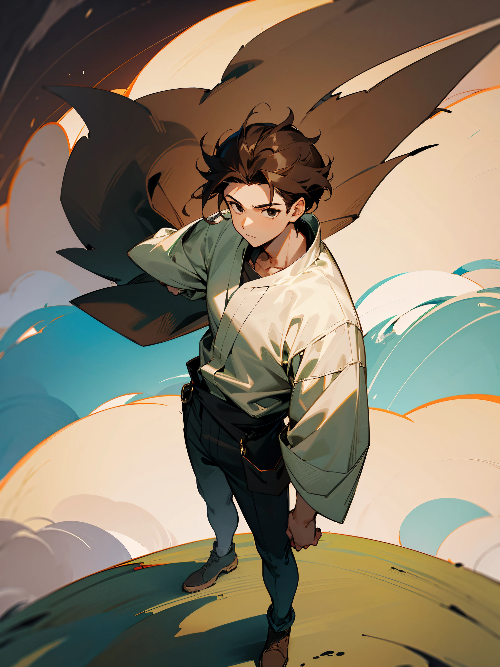 1male, adult, brown hair, sideswept hair, black eyes, holding fan, green wind yukata, standing on path, facing viewer, tornado in plains