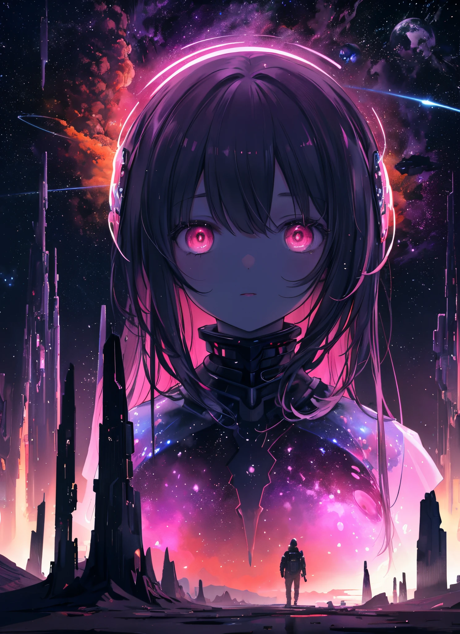 (Perfect masterpiece, best quality, best resolution,
award-winning portrait, official art, photorealistic), otherworldly dark post apocalyptic planet, with swirling storm clouds of gas and shimmering shooting stars in the distance. The color schemes are intense psychedelic dreamlike cosmic atmospheric, with deep blues, oranges, and pinks creating a surreal atmosphere. In the foreground, strange and alien creatures roam the landscape, with tentacles and scales and glowing eyes. The scene captures the imagination and wonder of a sci-fi universe.