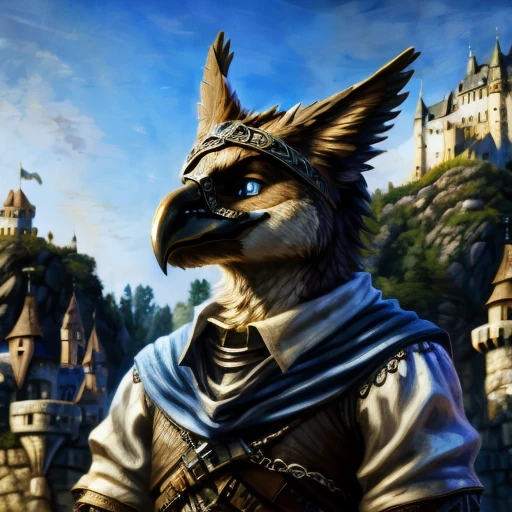 portrait griffin wearing a medieval style shirt, castle background, intricate, photorealistic, highly detailed, 8K, blue eyes,