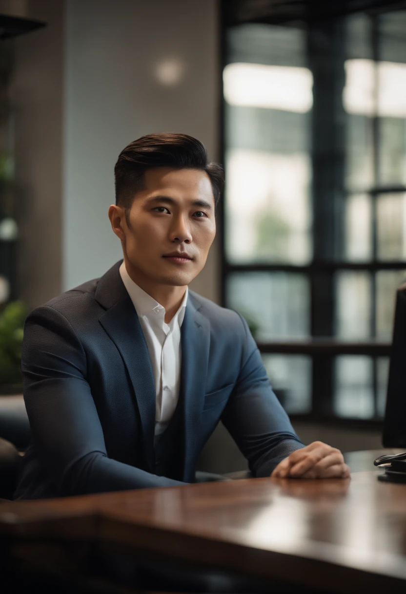 Portrait of businessman in suit sitting behind desk. This Taiwanese man must be handsome and elegant. Picture must be 8K、Behind him you need to see New York、facing the front there、looking at the camera in