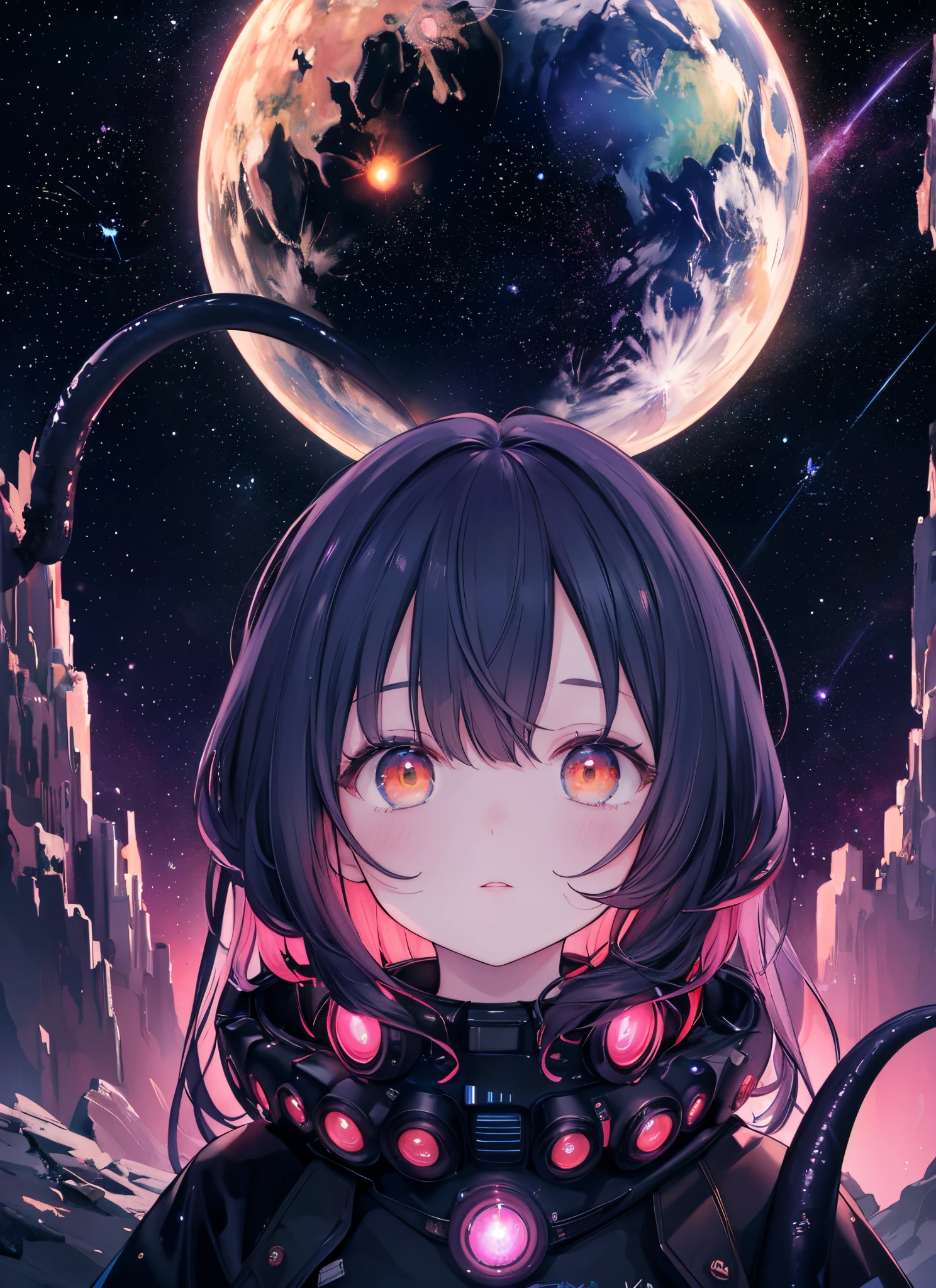 (Perfect masterpiece, best quality, best resolution, 
award-winning portrait, official art, photorealistic), otherworldly dark post apocalyptic planet, with swirling storm clouds of gas and shimmering shooting stars in the distance. The color schemes are intense psychedelic dreamlike cosmic atmospheric, with deep blues, oranges, and pinks creating a surreal atmosphere. In the foreground, strange and alien creatures roam the landscape, with tentacles and scales and glowing eyes. The scene captures the imagination and wonder of a sci-fi universe.