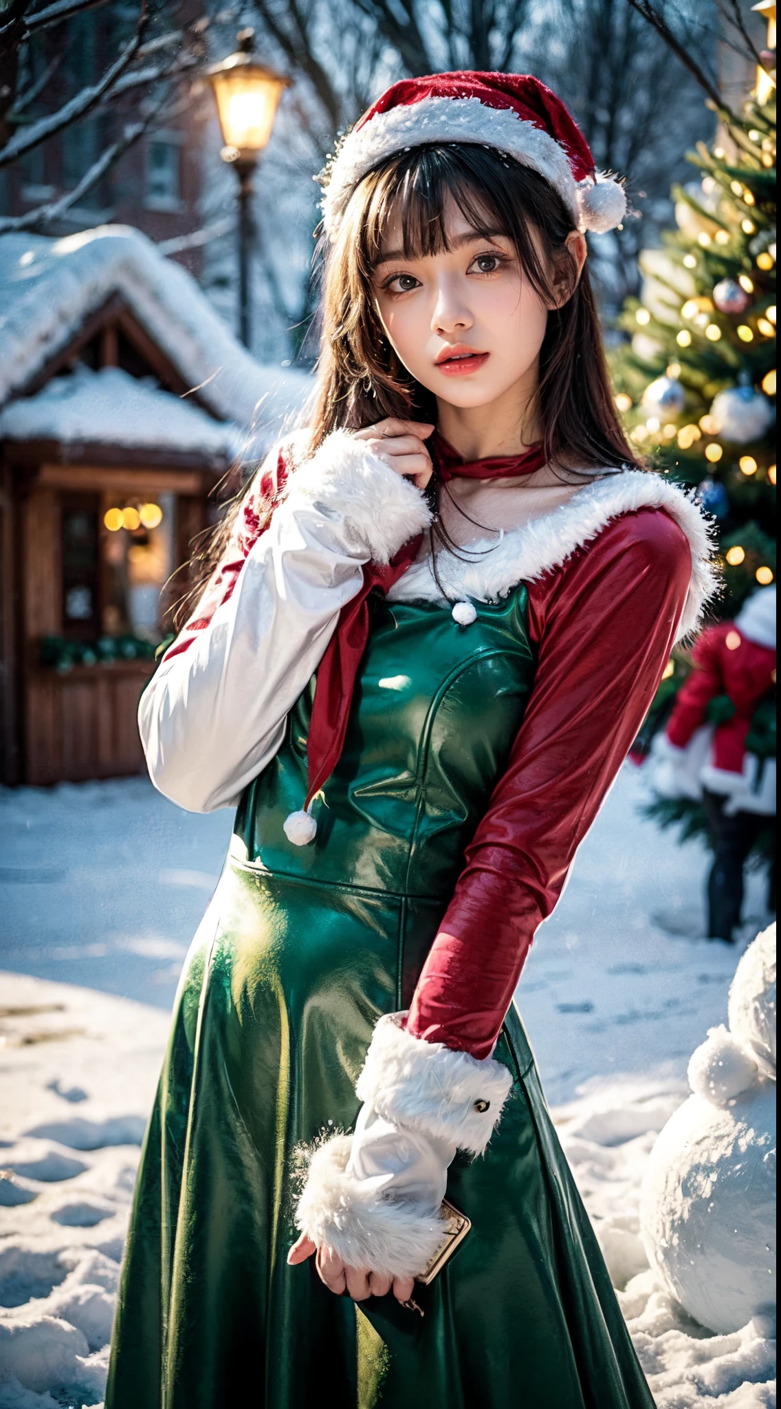 Girl in y2k christmas costume, black long hair with bangs Emo Pin up Girl, red and white and green christmas outfit, princess dress Christmas, y2k, 80s, Striking a pose, natural make up, skinny girl, sassy girl, it girl, outside the snowy house, snowball, snow falling, snowman, Christmas tree, christmas lamp, strong Christmas atmosphere, midshot, cowboy shot, centered image