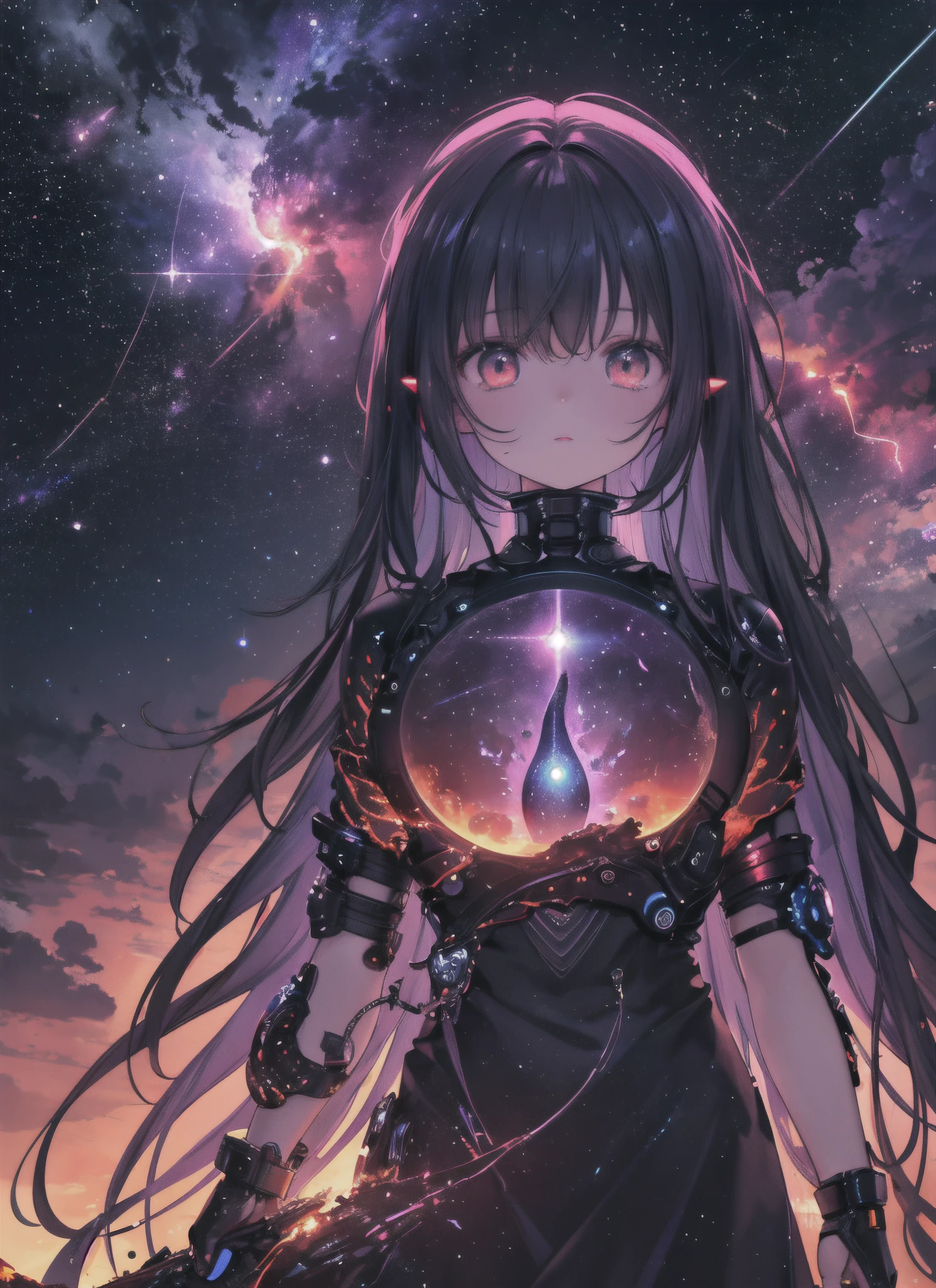 (Perfect masterpiece, best quality, best resolution,
award-winning portrait, official art, photorealistic), otherworldly dark post apocalyptic planet, with swirling storm clouds of gas and shimmering shooting stars in the distance. The color schemes are intense psychedelic dreamlike cosmic atmospheric, with deep blues, oranges, and pinks creating a surreal atmosphere. In the foreground, strange and alien creatures roam the landscape, with tentacles and scales and glowing eyes. The scene captures the imagination and wonder of a sci-fi universe.