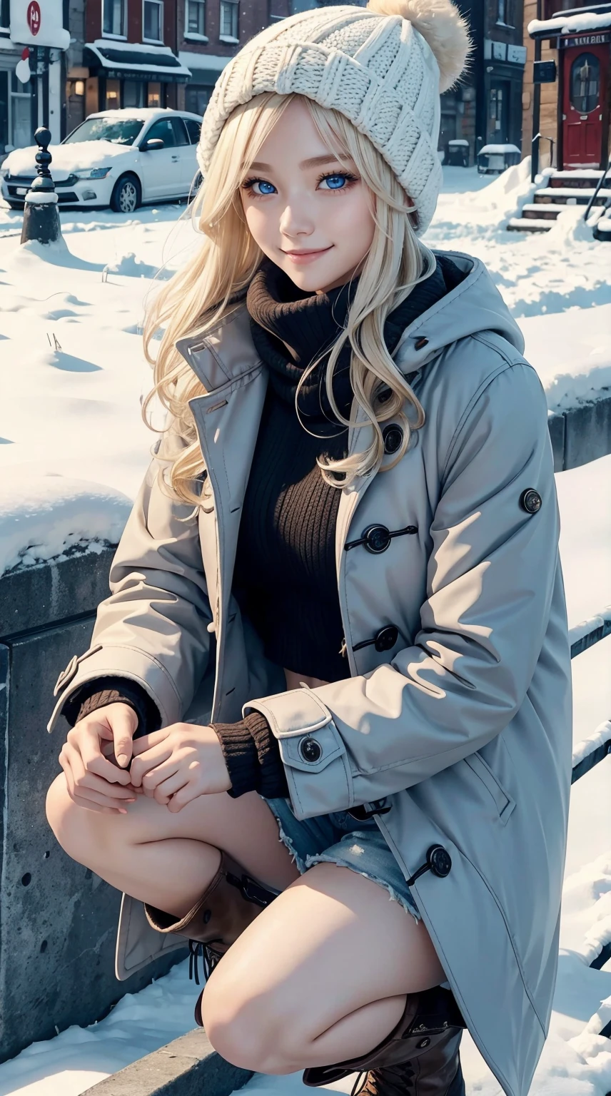 25-year-old Caucasian woman、platinum-blonde、blue eyess、Semi-long、My hair is wavy、a smile、My abs are cracked、a smile、slim muscular body、I don&#39;t want my head to disappear from the screen.、Wearing a duffel coat、wearing woolen gloves、I&#39;m in a snowy town、wearing a woolen hat、I&#39;m wearing a muffler、Squatting、Facing to the side、I'm wearing long boots