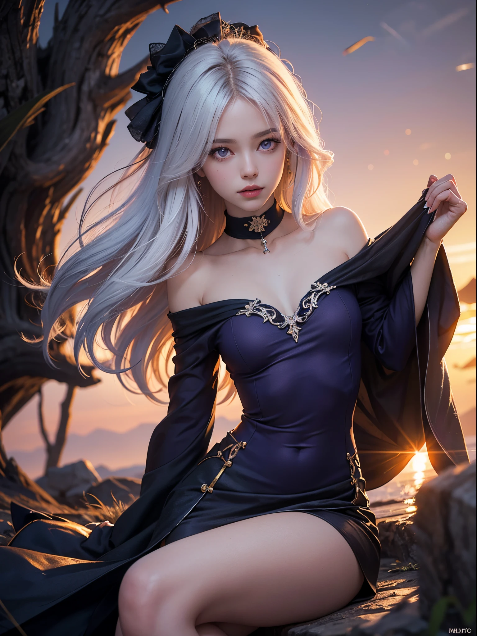Surrealist female portrait, fantasy art, photorealism, dynamic lighting, artstation, poster, volumetric lighting, very detailed faces, 8 k, transparent lingerie, formal wear, 1girl, in the park, transparent sexy clothes, long hair, white hair, exposed, giant breasts, black silk