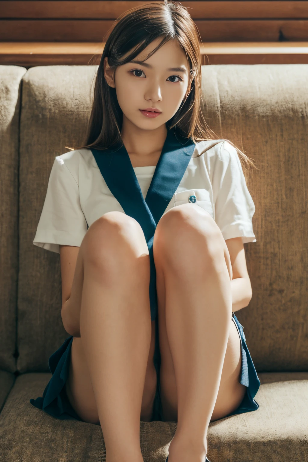 (((Girl sitting on the sofa、Thigh close-up、Lower body close-up、detailed thigh)))、(realisitic、Photorealsitic、ultra-detailliert、Highest Details Skins、top-quality、​masterpiece、超A high resolution)、18year old、Bright lighting、Realistic skin type、japanese uniform skirt, wearing not much clothes