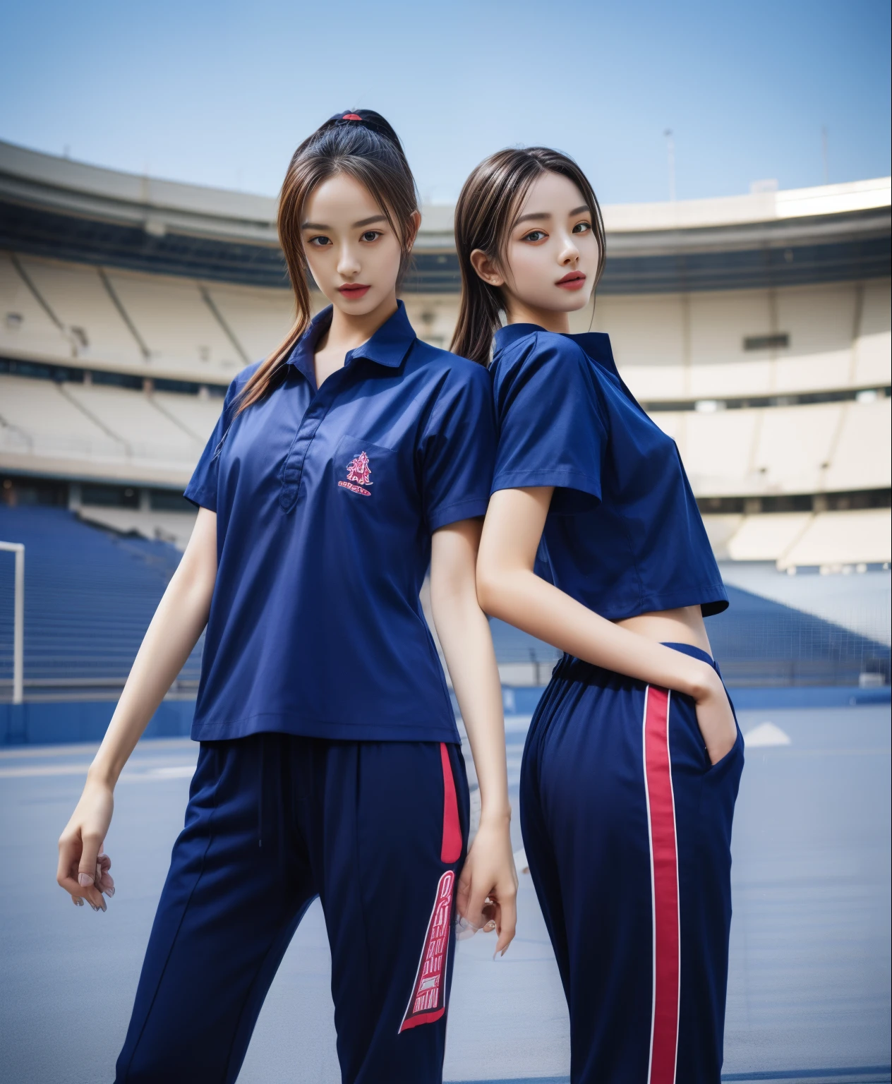 (bestquality,10,10,highres,masterpiece:1.2),ultra-detail,(Realistic,photorealistic portrait,photo-realistic:1.37),1 Cute girl in the football field,oily shiny skin,bara,light smile,BDclothes,((blue shirt:1.3)),short sleeves,shirt, trousers.,(navy_long_Pants Track:1.1), ((Stadium Background:1.3)),dynamic angle,excited,face focus,Dynamic Poses,from behide,Ass Focus,masterpiece, bestquality, ultra realistic, hyper-detail, 8k resolution, RAW photo, crisp focus, ((Navy blue shirt:1.1)), short sleeves, Long Path, Perfect body, 2 mature women, 18yo, cinematic light,Blue sweatpants,Gymware,Correct anatomy,Complete body, Correct body, sharp face, Anatomically correct body, full entire body, Realistic gestures, long-haired, Realistic poses,Wear long shorts.............................,Long leg span,Shapely,Sculpting Girl, Slender Figure, mannequin mannequins, Shapely, Beautiful body,Blue sweatpants, Two girls kissing