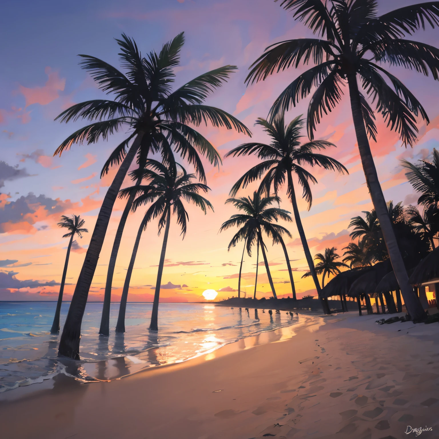 sundown at the beach with palm trees