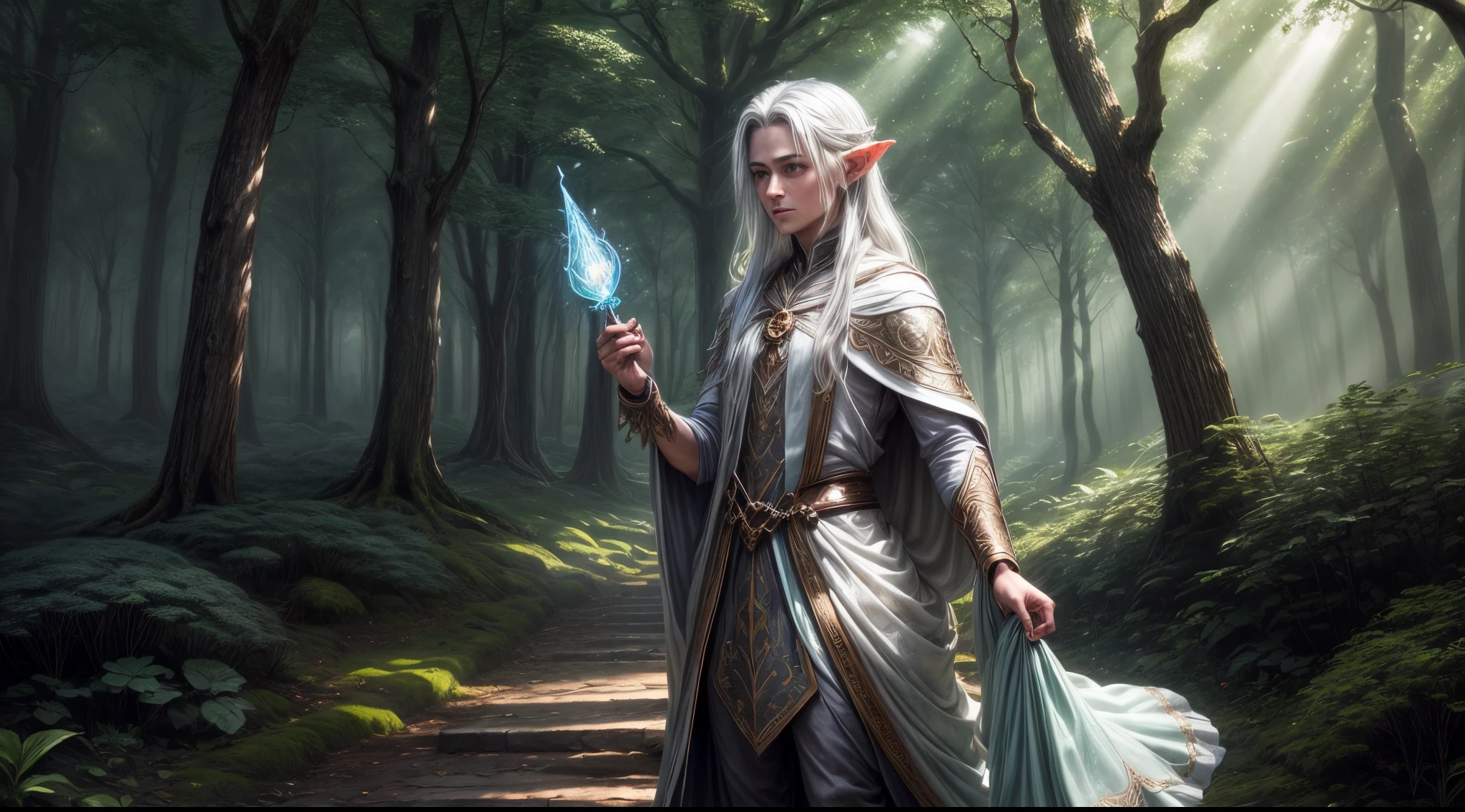Image of a male elf standing full length in the magical forest, sob a luz da lua. A criatura, with her silver hair and translucent green skin, is dressed in elegant clothes and holds a staff carved from enchanted wood. Seus olhos azuis brilham com uma magia intensa, enquanto marcas luminosas aparecem em sua pele. Ao fundo, Giant trees with ethereal foliage create a mystical atmosphere, and fairies dance around, adding a touch of charm to the scene.