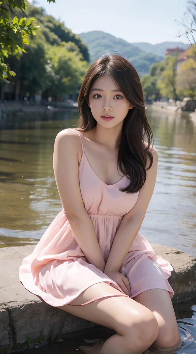 Best quality at best, ultra - detailed, photore, Extremely Delicately Beautiful, A high resolution, 1 girl 25 years old, Japanese beautiful girl, ((Eyes are visible through the hair)), (little breast), ((plump lips)), 詳細な目,detailedfacialfeatures, detailed arms,detailed finger,Detailed legs, 1 girl wearing pink dress playing in the river
