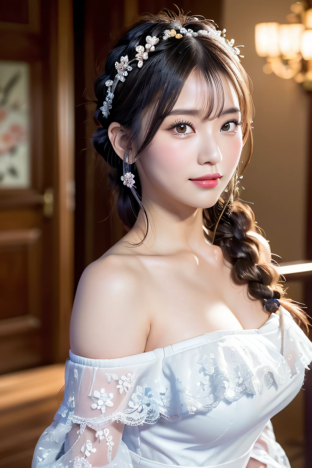 (ukiyoe painting:1.3),(3D Animation:1.3),(Grimm fairy tale world),(Aschenputtel,Cinderella,princess covered in ash:1.3),(Cinderella's Castle in the background:1.3),(((lace off shoulder white dress))),.(Make the subject look three-dimensional with the contrast of light and shadow),Cute and beautiful girl,Cute round face,Cute smile,with blush cheeks,Red Lip,(silver white hair,Floral braided headband,half up、Floral Braided Space Van,Voluminous Fishtail Braids,Twisted chignon,),(Bangs are  bangs),hair pin,hair adornments,detailed clothes features,Detailed hair features,detailed  features,(Dynamic angles),(Dynamic and  poses),profetional lighting,Cinematic Light,(masutepiece,top-quality,Ultra-high resolution output image, depth of fields,) ,(The 8k quality,depth of fields,Anatomically accurate  structure,),(Sea Art 2 Mode:1.3),(Image Mode Ultra HD,)