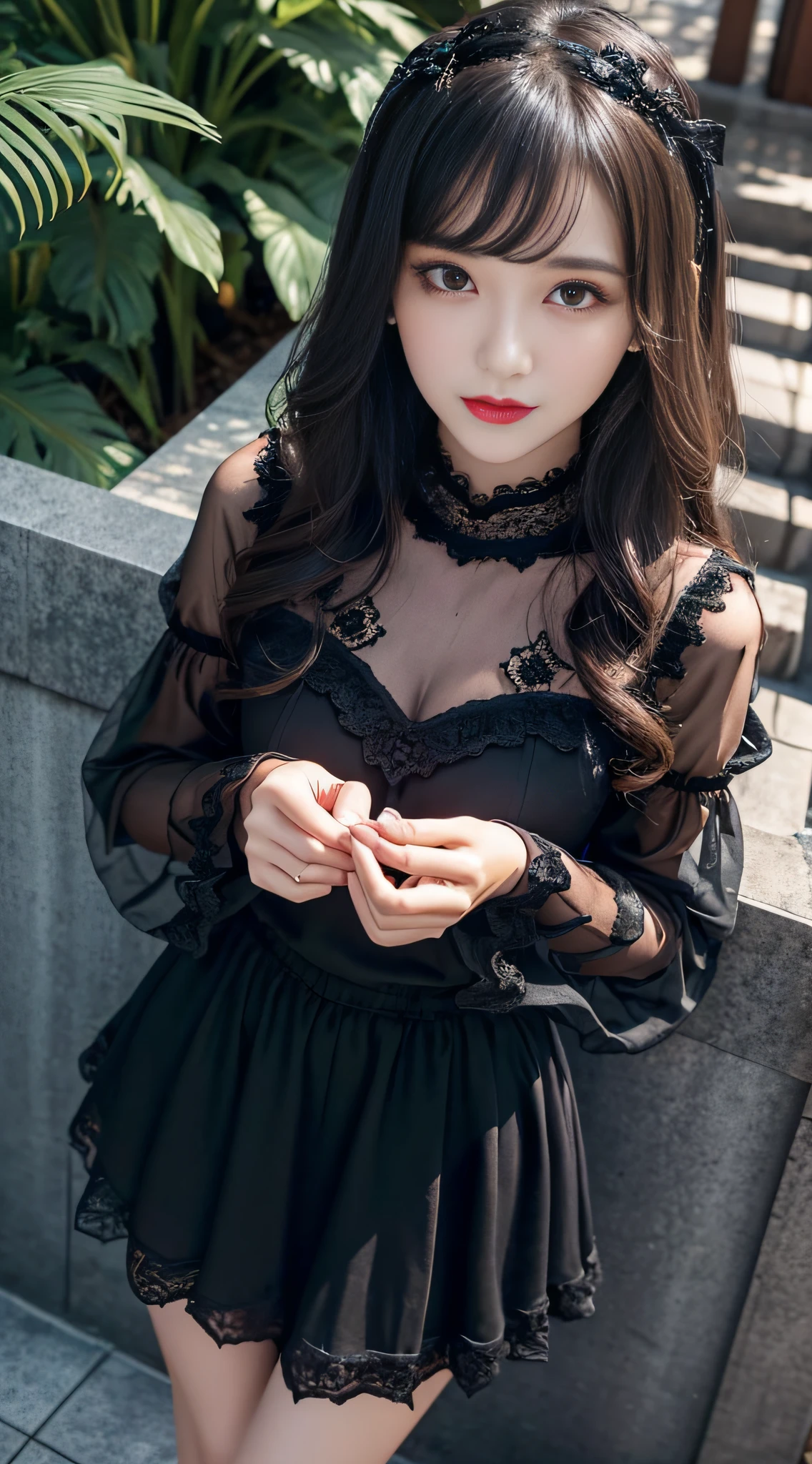 Ultra-detailed、Fascinating beauty、Dainty woman、Cool Girl、Wavy Hair、Black chiffon dress、Wide sleeves、flered skirt、Evil Female Executive、Evil Fall、brainwash、lacy fabric、Glossy legs、black lipstick、Evil look、Suspicious look、Hollow eyes、wicked、Reaching out、Over Head Shot、Hold your hand over it、selfy、stand up