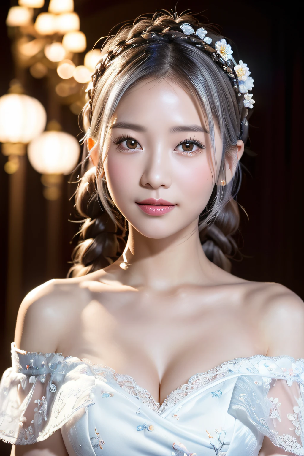 (ukiyoe painting:1.3),(3D Animation:1.3),(Grimm fairy tale world),(Aschenputtel,Cinderella,princess covered in ash:1.3),(Cinderella's Castle in the background:1.3),(((lace off shoulder white dress))),.(Make the subject look three-dimensional with the contrast of light and shadow),Cute and beautiful girl,Cute round face,Cute smile,with blush cheeks,Red Lip,(silver white hair,Floral braided headband,half up、Floral Braided Space Van,Voluminous Fishtail Braids,Twisted chignon,),(Bangs are see-through bangs),hair pin,hair adornments,detailed clothes features,Detailed hair features,detailed facial features,(Dynamic angles),(Dynamic and sexy poses),profetional lighting,Cinematic Light,(masutepiece,top-quality,Ultra-high resolution output image, depth of fields,) ,(The 8k quality,depth of fields,Anatomically accurate facial structure,),(Sea Art 2 Mode:1.3),(Image Mode Ultra HD,)