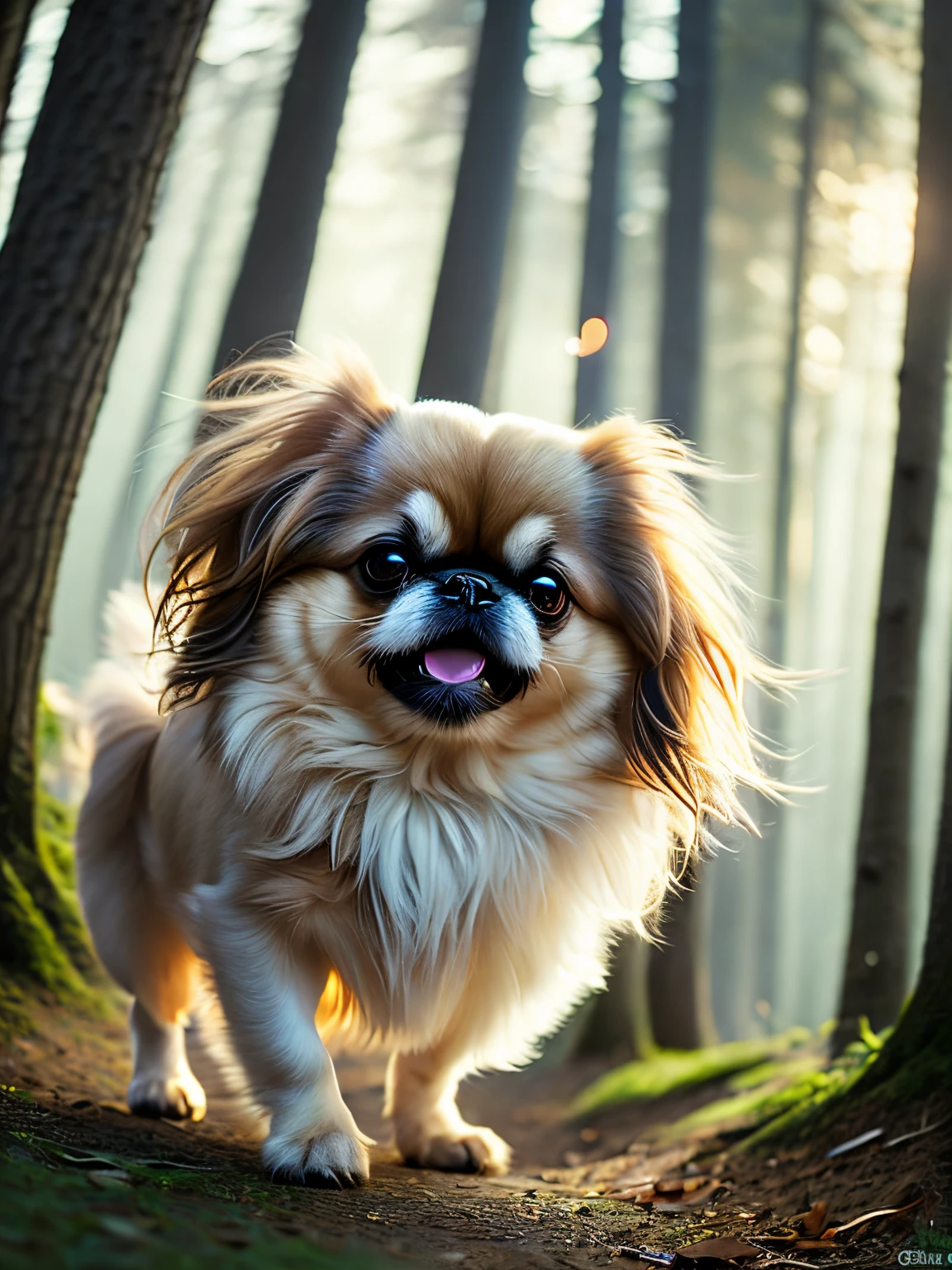 Close-up photo of a happy Pekingese, The way they jump in the forest is so cute, soft volumetric lights (Retro Illuminasan: 1.3), (Kinematics: 1.2), intricate detailes (art  stations: 1.3), rutkowski