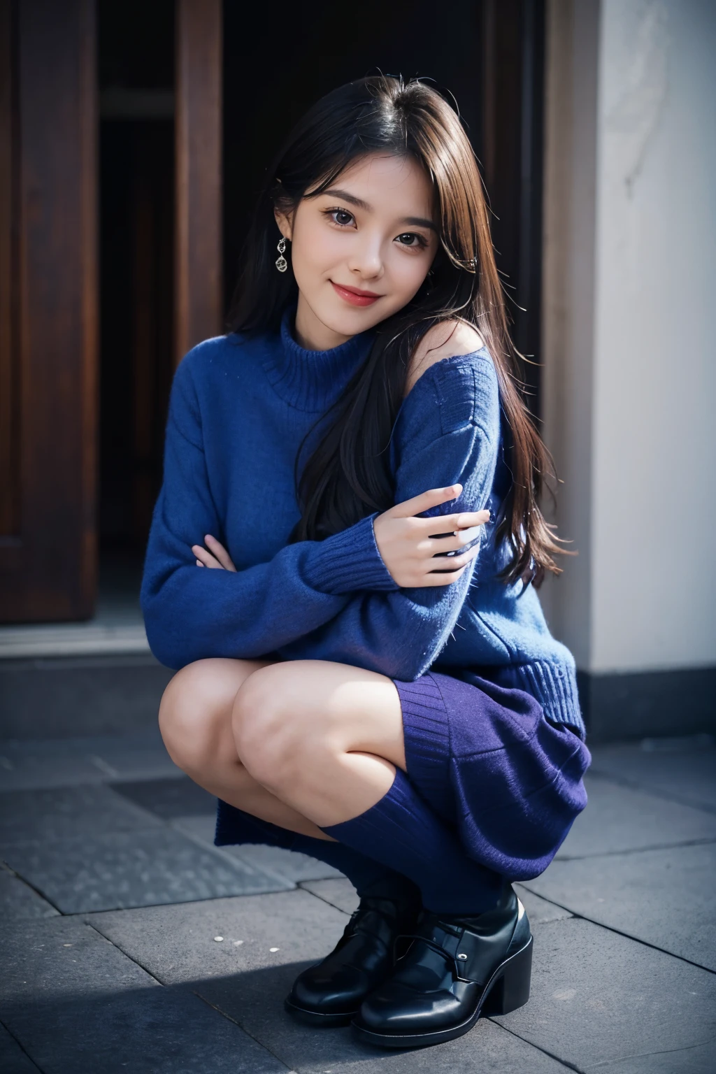 Arafed woman wearing a blue sweater and purple skirt is squatting, a portrait by Juan O'Gorman, Tumbler, Digital Art, Blue sweater, Dark blue, 2 4 years old female model, edited, stunn, in a navy blue sweater, Blue clothes, beautiful image, rendered, blue clothing, Blue, Purple, Dark blue clothes,Cute smile,Beautie,A sexy,a park